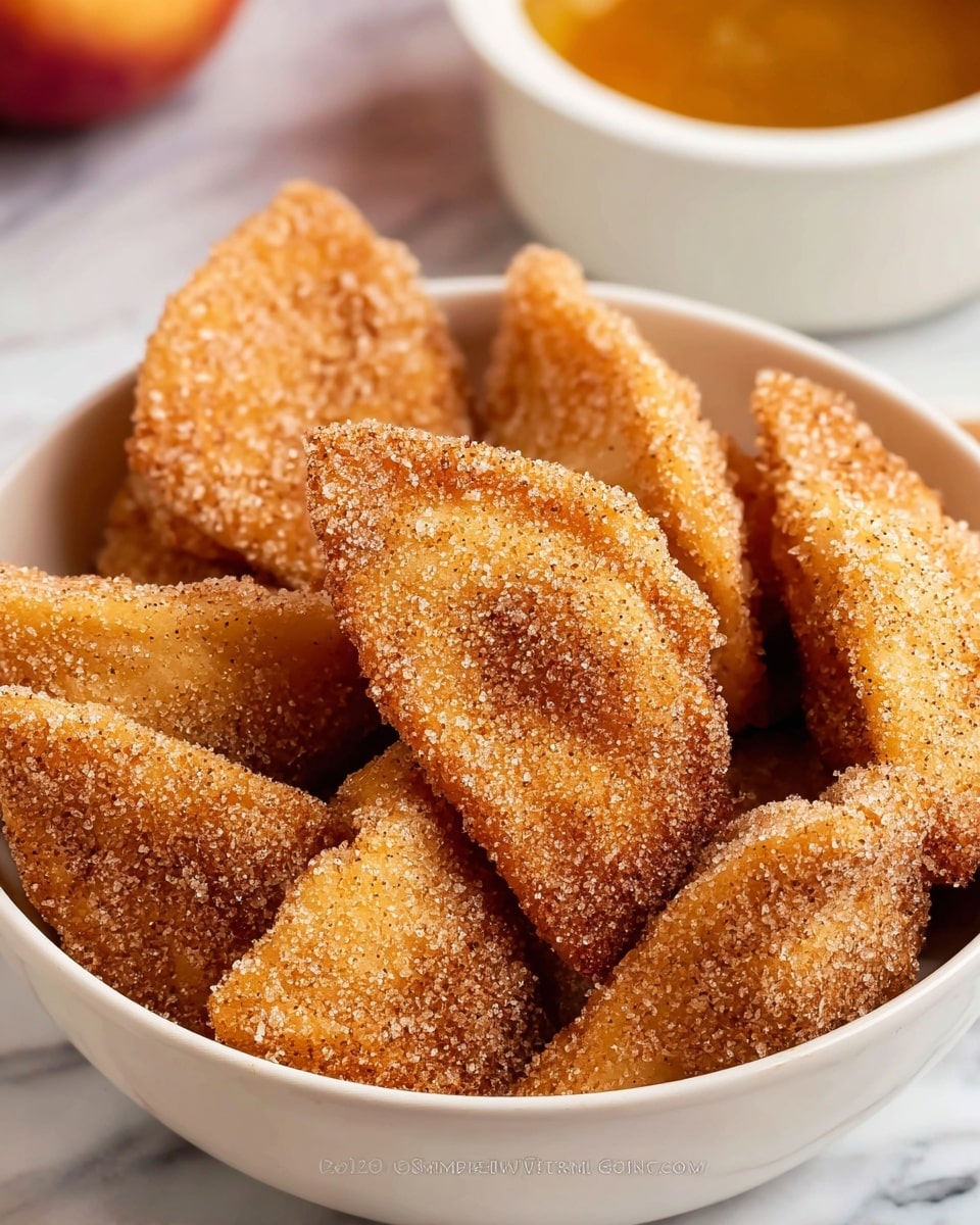A white bowl filled with several golden brown, crispy half-moon-shaped pieces dusted evenly with white powdered sugar. The pieces have a textured surface and look crunchy. In the background, there are red apples, some whole and some sliced, placed on a white marbled surface. The focus is on the treats in the bowl with a soft blur on the apples behind. photo taken with an iphone --ar 4:5 --v 7