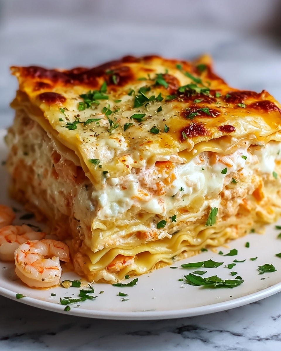 A large square slice of shrimp lasagna sits on a white plate on a white marbled surface, showing four visible layers. The base layer is slightly curled yellow pasta sheets, topped with a creamy white cheese mix with pieces of shrimp and bits of orange sauce. Above this, another layer of pasta is covered with more creamy cheese and sauce with shrimp pieces visible. The top layer is a golden, bubbly melted cheese with browned spots, sprinkled with fresh green herbs. A few shrimp and scattered herbs lie on the plate near the lasagna slice. Photo taken with an iphone --ar 4:5 --v 7