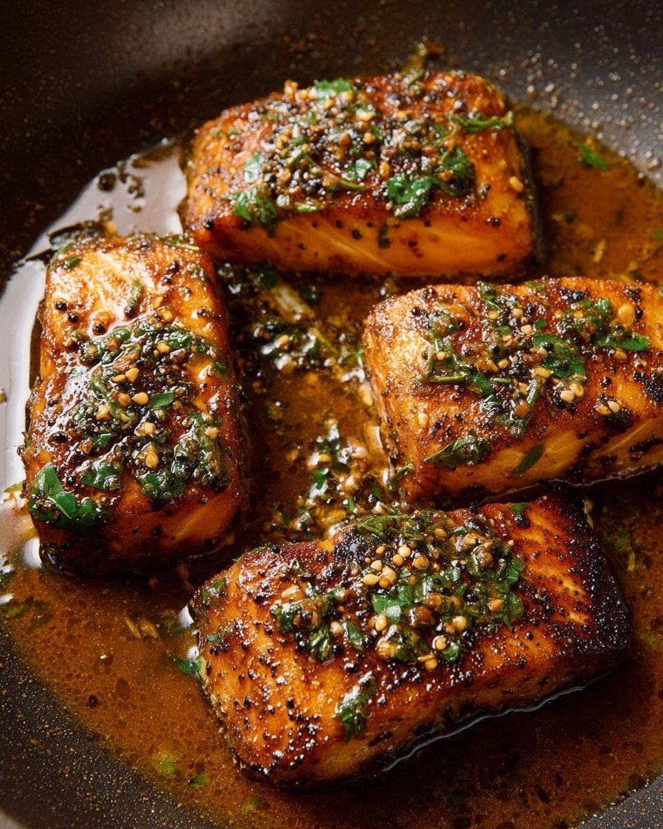 Four thick rectangular pieces of golden-brown cooked fish are arranged closely together in a dark pan. Each piece is coated with small green herb bits and tiny mustard-like seeds, all sitting in a shiny brown sauce that pools around the fish. The surface of the pan has a light buildup of the sauce, adding texture and depth to the look. The fish pieces have a slightly crispy texture on the outside with visible herbs and small spices scattered evenly on top. Photo taken with an iphone --ar 4:5 --v 7