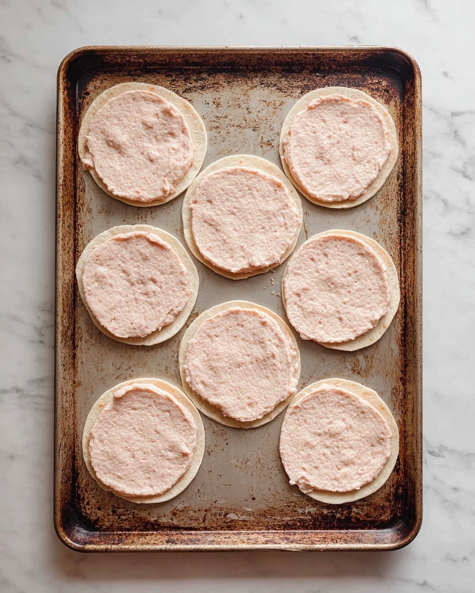The image shows eight small round tortillas laid out on a worn metal baking tray with a slightly rusty edge. Each tortilla is spread evenly with a smooth, pale pinkish mixture that covers almost the entire surface of each one, creating a soft textured layer on top. The baking tray sits on a white marbled surface, adding a clean and calm background contrast to the warm and rustic look of the tortillas and tray. photo taken with an iphone --ar 4:5 --v 7