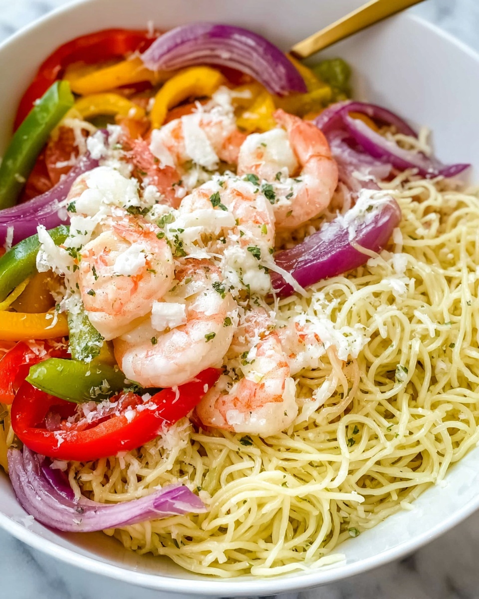 A close-up view of a white bowl filled with a layered dish starting with light yellow noodles tangled together at the bottom. On top of the noodles, there are evenly spread slices of red, yellow, and green bell peppers, along with pieces of purple onion showing a smooth and slightly shiny texture. Large, cooked shrimp with a pink and white color sit on top of the vegetables, showing their curved shape and slightly firm texture. Small bits of herbs and some white sprinkled cheese add extra detail and texture over the dish. The bowl sits on a white marbled surface, and a gold spoon is partially visible inside the bowl. Photo taken with an iphone --ar 4:5 --v 7