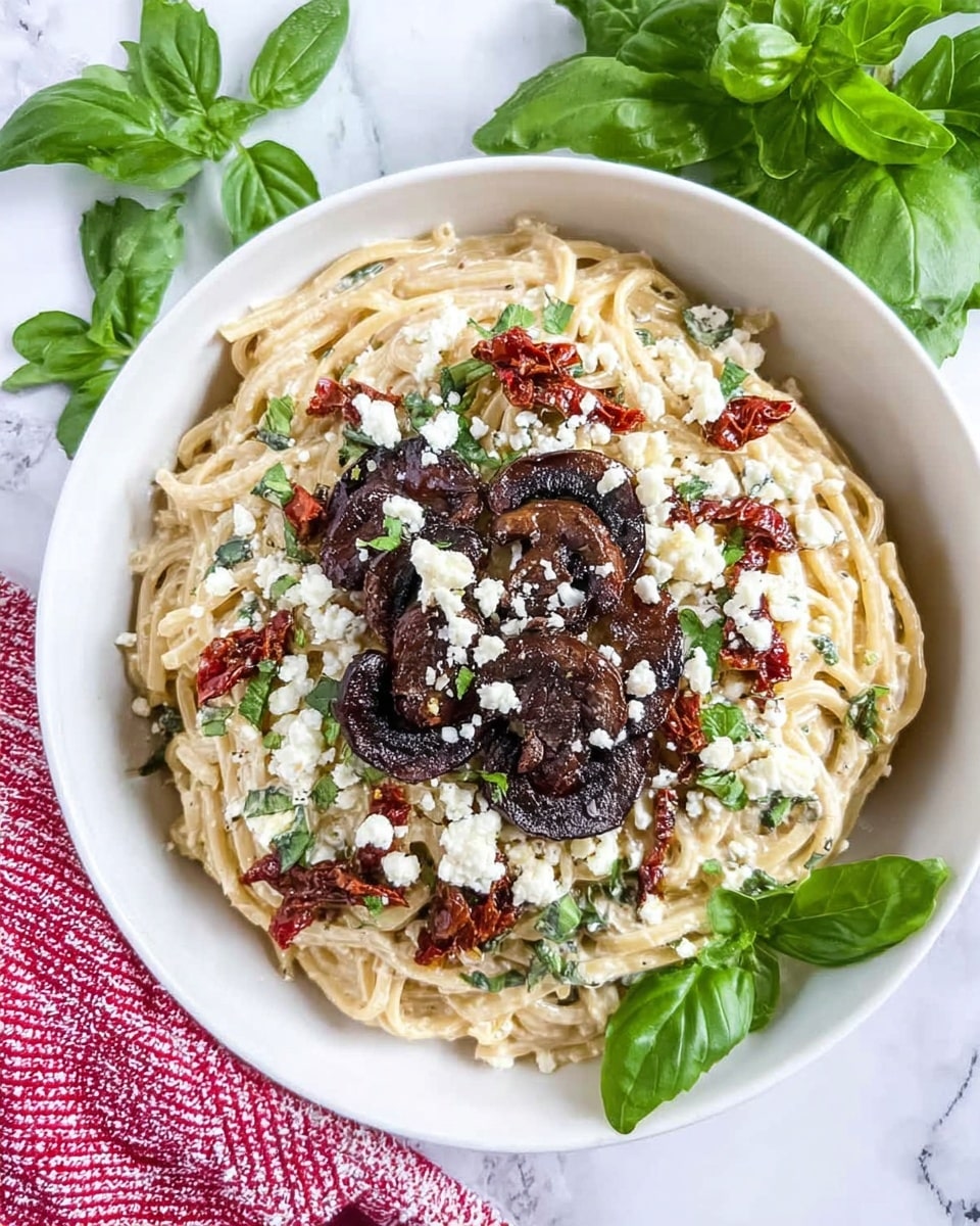A white bowl holds a layer of creamy spaghetti pasta at the bottom with a smooth, light yellow sauce mixed with bits of green herbs, creating a soft texture. On top, there is a layer of dark brown, cooked slices of meat with a slightly crispy surface. Scattered around and on the meat are small pieces of white cheese crumbles and deep red sun-dried tomato strips. Fresh green parsley leaves are sprinkled over everything, giving contrast and freshness. The bowl sits on a white marbled surface. photo taken with an iphone --ar 4:5 --v 7