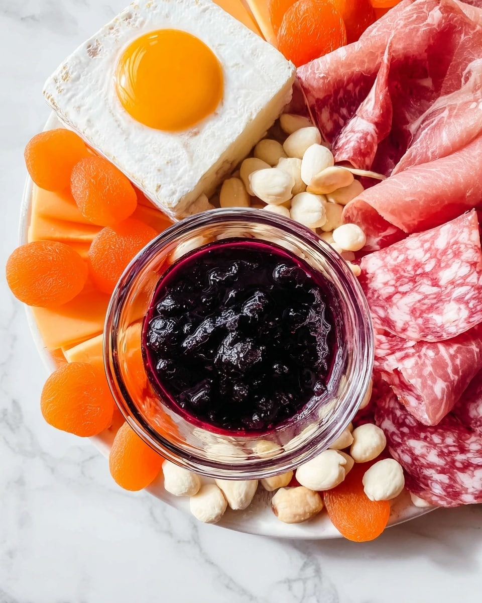 The image shows a white round plate on a white marbled surface with a small clear glass bowl of dark purple jam or jelly in the center. Surrounding the bowl are thin slices of pink cured meat on the right side, with white peeled nuts placed on top, and orange round dried apricot pieces nearby. Above the bowl is a square piece of white soft cheese topped with a sunny-side-up egg featuring a bright yellow yolk. To the left of the egg are slices of pinkish meat and orange cheese with a smooth texture. The overall arrangement is colorful and fresh, with a variety of textures and colors in a circular layout. Photo taken with an iphone --ar 4:5 --v 7