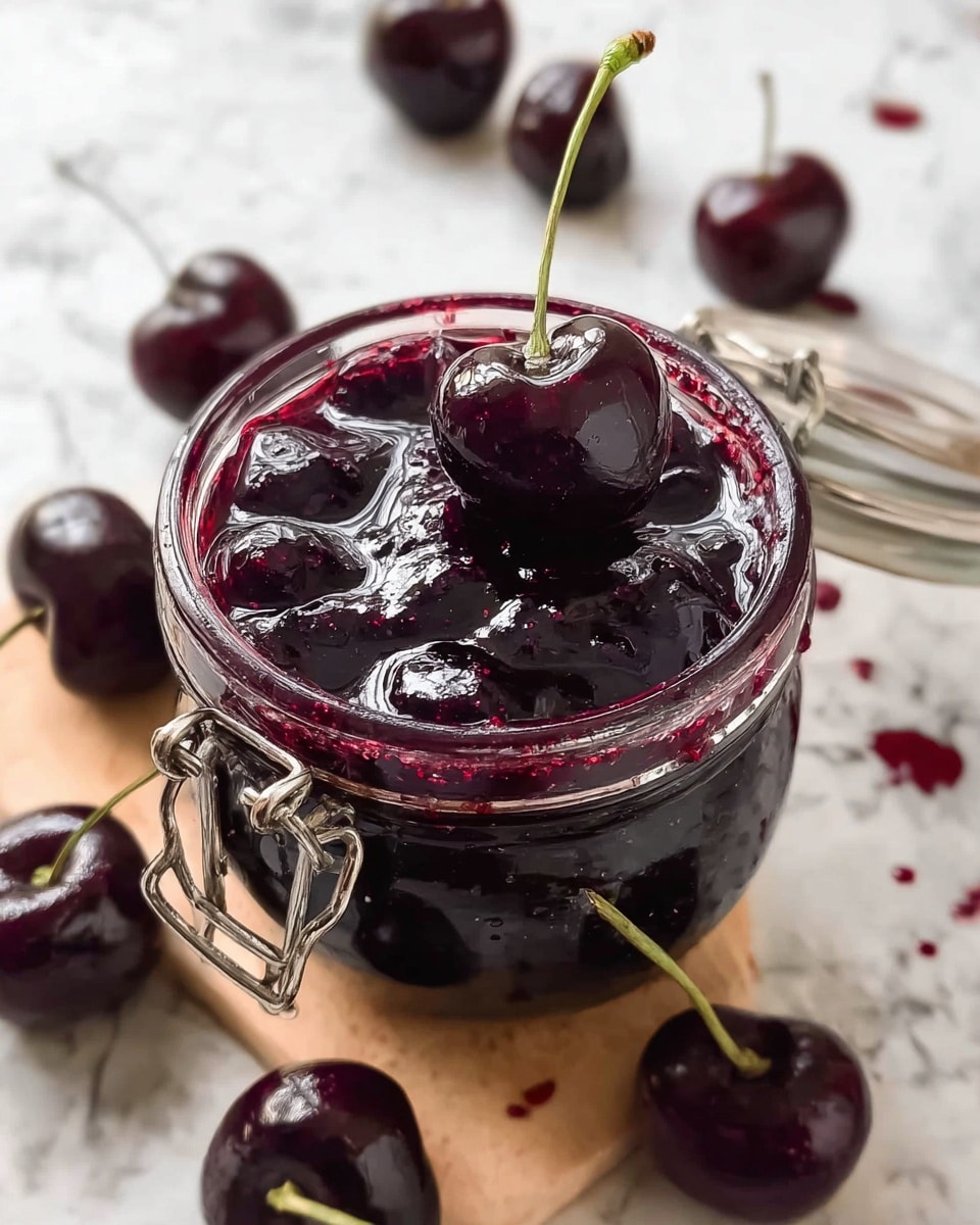 A small glass jar filled with shiny dark purple cherry jam, with the jam overflowing down the side and dripping onto a wooden surface. On top of the jam is a whole cherry with its stem. A spoon lifted above the jar holds a thick scoop of the dark, sticky jam showing its glossy texture. Around the jar on the wooden surface, there are several whole cherries with stems. photo taken with an iphone --ar 4:5 --v 7