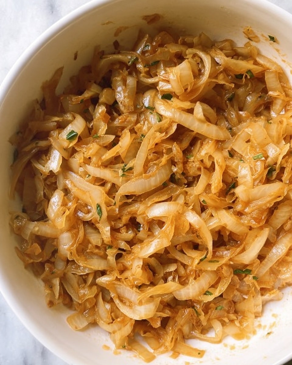 The image shows cooked onions with a light brown color and soft texture, mixed evenly with small green herbs. The onions are sliced into thin, curved strips that fill a white bowl. The background is a white marbled surface, giving a clean and simple look to the scene. photo taken with an iphone --ar 4:5 --v 7