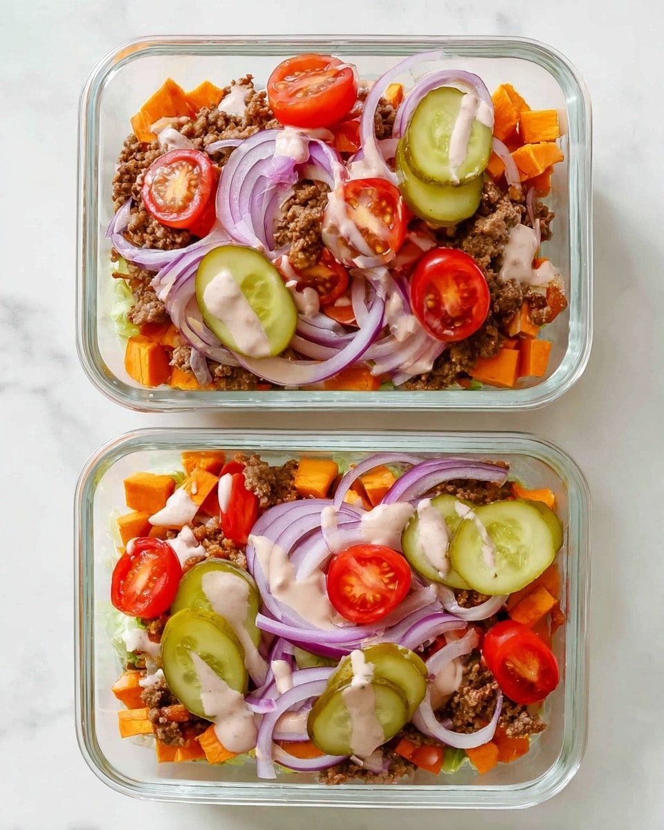 Two white rectangular glass containers are filled with layered salads placed on a white marbled surface. The bottom layer is made of small orange sweet potato pieces, followed by a layer of brown cooked ground meat. On top of this are fresh, halved red grape tomatoes and thin slices of light purple red onion scattered all over. Bright green pickle slices are placed evenly across the top, and a light pink creamy dressing is drizzled over everything. The look is colorful and fresh with distinct layers visible through the glass containers. Photo taken with an iphone --ar 4:5 --v 7