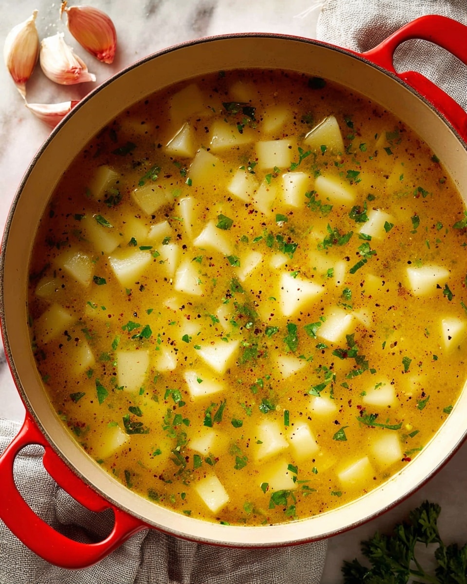 A close-up view of a red pot filled with a golden broth soup containing small, evenly cut white potato cubes spread throughout. The broth is bright yellow with specks of black pepper and finely chopped green herbs scattered on top, adding texture and color contrast. The pot rests on a white marbled surface with a light grey cloth partially underneath and bits of garlic cloves and green parsley out of focus in the background, enhancing the fresh and savory feel. photo taken with an iphone --ar 4:5 --v 7
