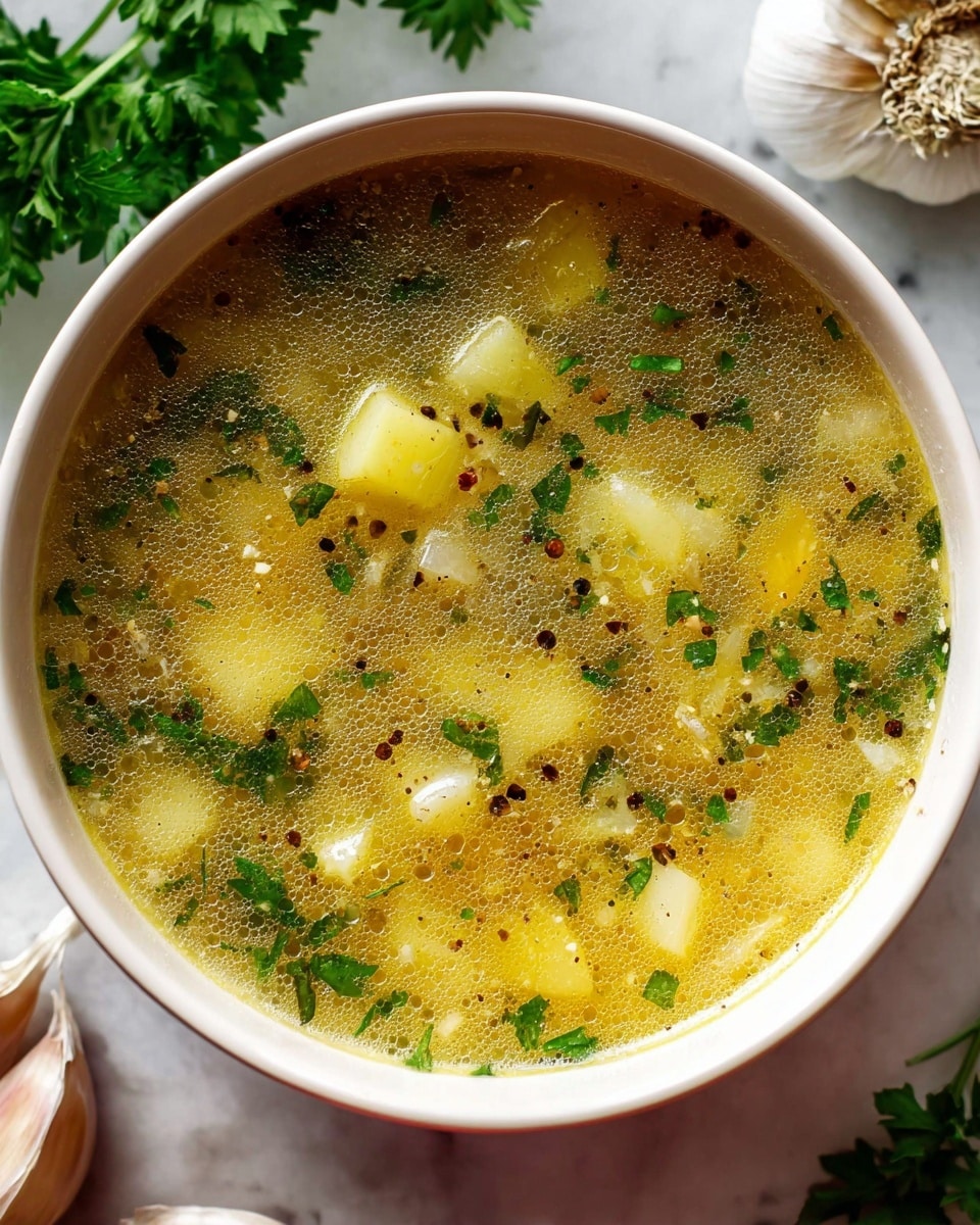 The image shows a close-up of a bowl of chunky soup with a light golden clear broth. There are visible small cubes of pale yellow potato floating in the broth, mixed with finely chopped green herbs and small pieces of onion. Tiny bubbles and some black pepper are scattered across the surface of the soup. The bowl is white and rests on a white marbled surface with some garlic cloves and green parsley leaves nearby. Photo taken with an iphone --ar 4:5 --v 7