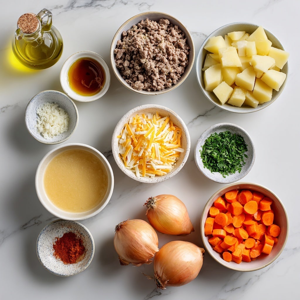 A white bowl filled with creamy soup showing three layers: the smooth yellowish creamy broth with small green herb pieces on top, medium-sized chunks of soft yellow potatoes scattered throughout, and small browned ground meat pieces evenly spread inside the soup. A silver spoon lifts a generous scoop of the soup, holding a potato chunk and some meat, with fresh green herbs sprinkled on top. The bowl sits on a white marbled surface, and a woman’s hand gently holds the spoon. Photo taken with an iphone --ar 4:5 --v 7