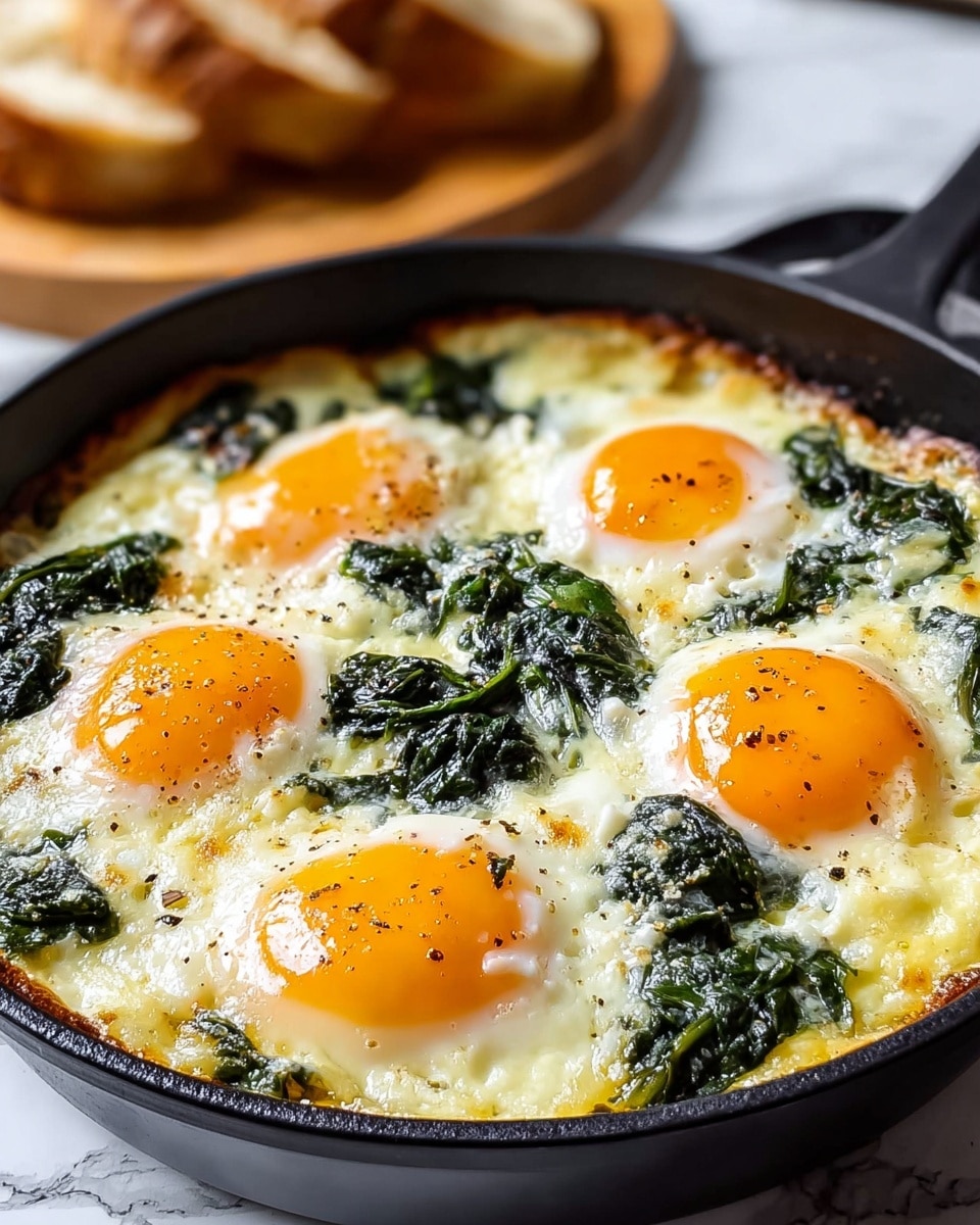 A black skillet filled with five cooked eggs, each with bright orange yolks sitting on a layer of melted white cheese mixed with dark green, wilted spinach scattered around. The eggs are evenly spaced, and the cheese is golden and slightly browned at the edges of the skillet. The surface beneath the skillet shows a white marbled texture, with a wooden board holding bread blurred in the background. Photo taken with an iphone --ar 4:5 --v 7