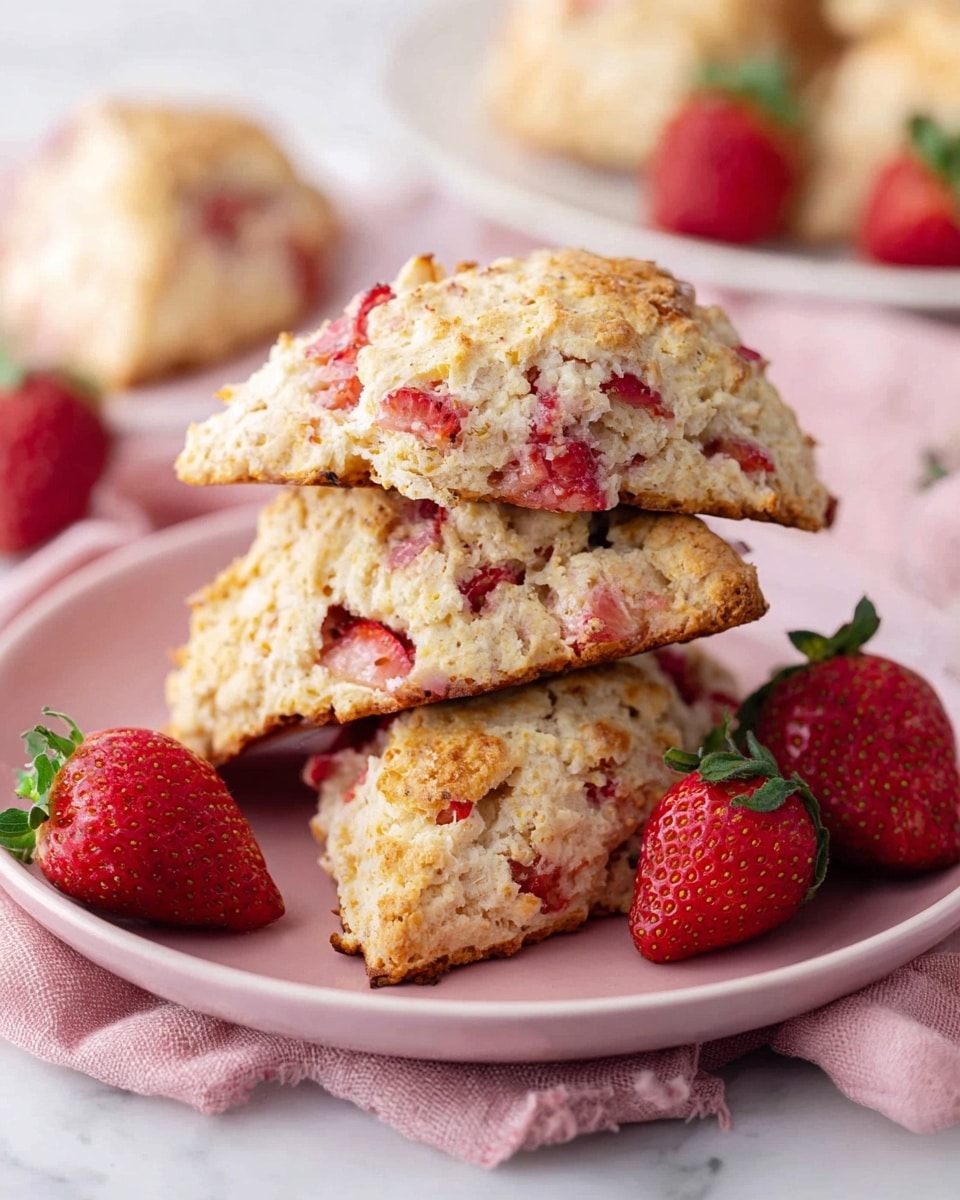 A close-up view of three triangular scones stacked on a soft pink plate, each scone showing a light golden crust with uneven, crumbly texture and bright red pieces of strawberry mixed inside. Fresh whole strawberries with green leaves are scattered around the scones on the plate. The plate sits on a pale pink cloth with folds, all placed on a smooth white marbled surface. In the background, there is a blurred white plate with more scones and some strawberries visible. Photo taken with an iphone --ar 4:5 --v 7