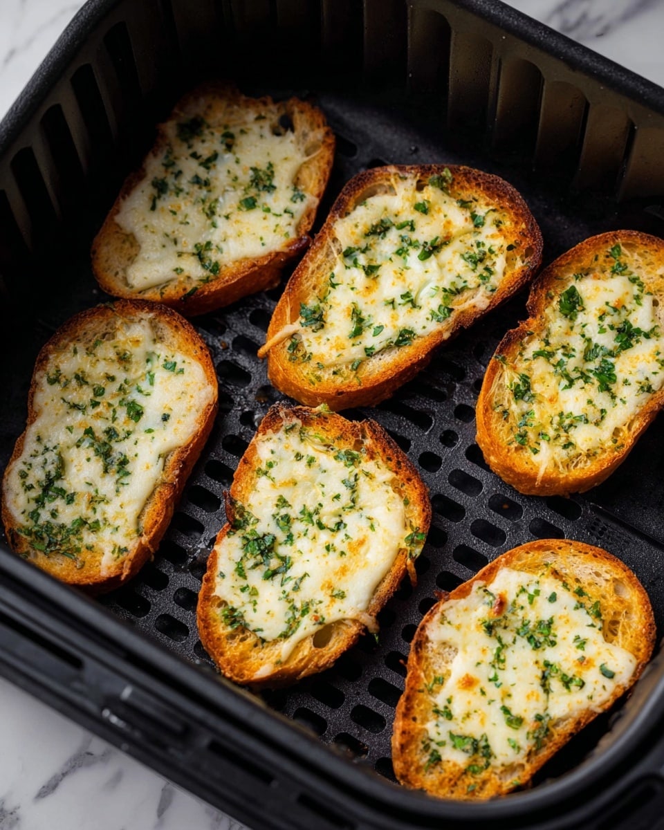 There are six slices of toasted bread inside a black air fryer basket, each topped with a layer of melted cheese mixed with chopped green herbs like parsley. The bread has a golden-brown crust, and the cheese layer is creamy white with green specks evenly spread over the surface. The air fryer basket has a grid-like bottom with small holes. The background is a white marbled texture. photo taken with an iphone --ar 4:5 --v 7
