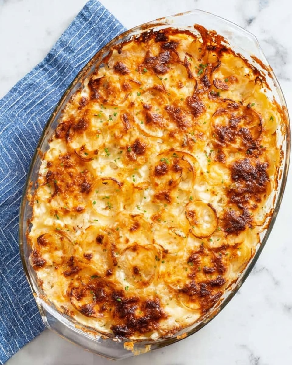 A clear glass baking dish filled with a baked casserole that has a golden brown, slightly crispy top layer with uneven patches of darker brown. Underneath the browned top, thin rings of white onion are visible, mixed with a creamy, melted cheese layer. The casserole edges show some browned bits where the cheese has crisped against the dish. The dish is placed on a white marbled surface with a folded blue and white striped cloth nearby. Photo taken with an iphone --ar 4:5 --v 7