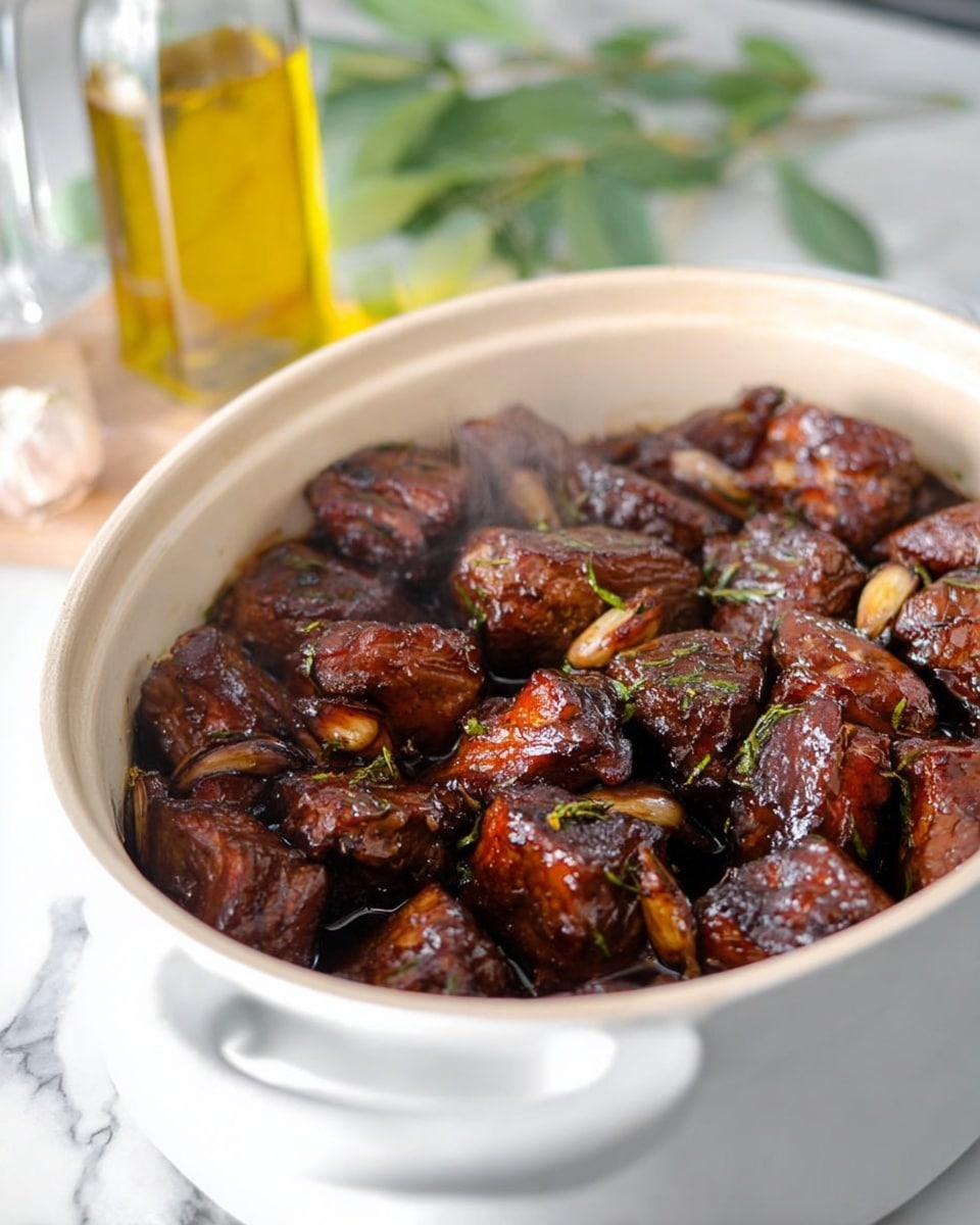 The image shows a large white ceramic pot filled with many pieces of dark brown cooked meat with a shiny glaze, arranged closely together with some small green herbs and bits of garlic visible on top. The meat has a tender, soft texture with slight steam rising from it, indicating it is hot. The pot is placed on a white marbled surface with a blurred background that includes a clear glass bottle of golden liquid and some green leaves. The lighting is bright and natural, highlighting the rich color and texture of the meat. photo taken with an iphone --ar 4:5 --v 7