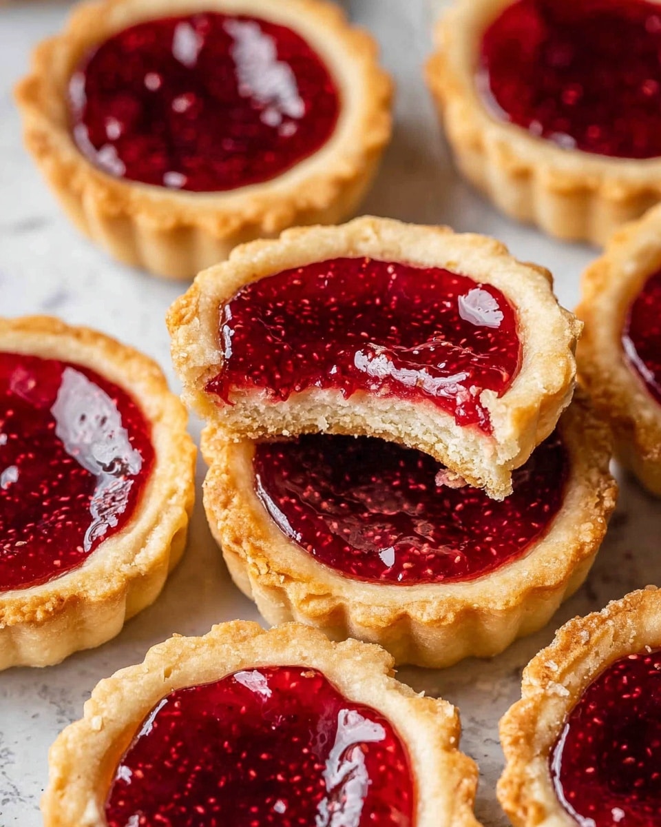 The image shows several small round tartlets on a white marbled surface. Each tartlet has a golden brown crust with a lightly crimped edge, forming one layer. The inside is filled with a smooth, deep red raspberry jam layer that shines under the light, with tiny seeds visible throughout. One tartlet is broken in half, revealing the jam layer inside and the soft texture of the crust. The tartlets are placed close to each other, some overlapping slightly, with no other objects in the scene. photo taken with an iphone --ar 4:5 --v 7