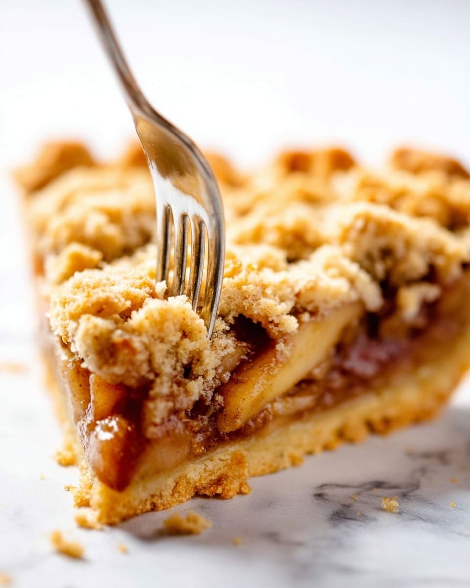 The image shows a close-up view of one slice of a pie on a white marbled surface. The pie has three clear layers: the bottom layer is a golden brown crust, firm and slightly crumbly; the middle layer is thick and filled with pieces of cooked fruit that look soft and slightly shiny in shades of brown; the top layer is a crumbly, pale tan streusel topping spread unevenly, giving a rough texture. A silver fork is pressing into the top crumb layer from above, its prongs slightly sunk into the pie. The lighting is bright, highlighting the textures and colors well. Photo taken with an iphone --ar 4:5 --v 7