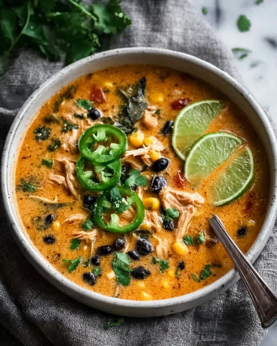 A white bowl filled with creamy orange soup containing shredded chicken, black beans, corn, and small green peas. On top, there are scattered fresh chopped cilantro leaves, slices of green jalapeño pepper, and a couple of thin lime slices placed near the center. A silver spoon stands in the soup on the right side. The bowl rests on a soft gray cloth with a white marbled surface beneath. Photo taken with an iphone --ar 4:5 --v 7