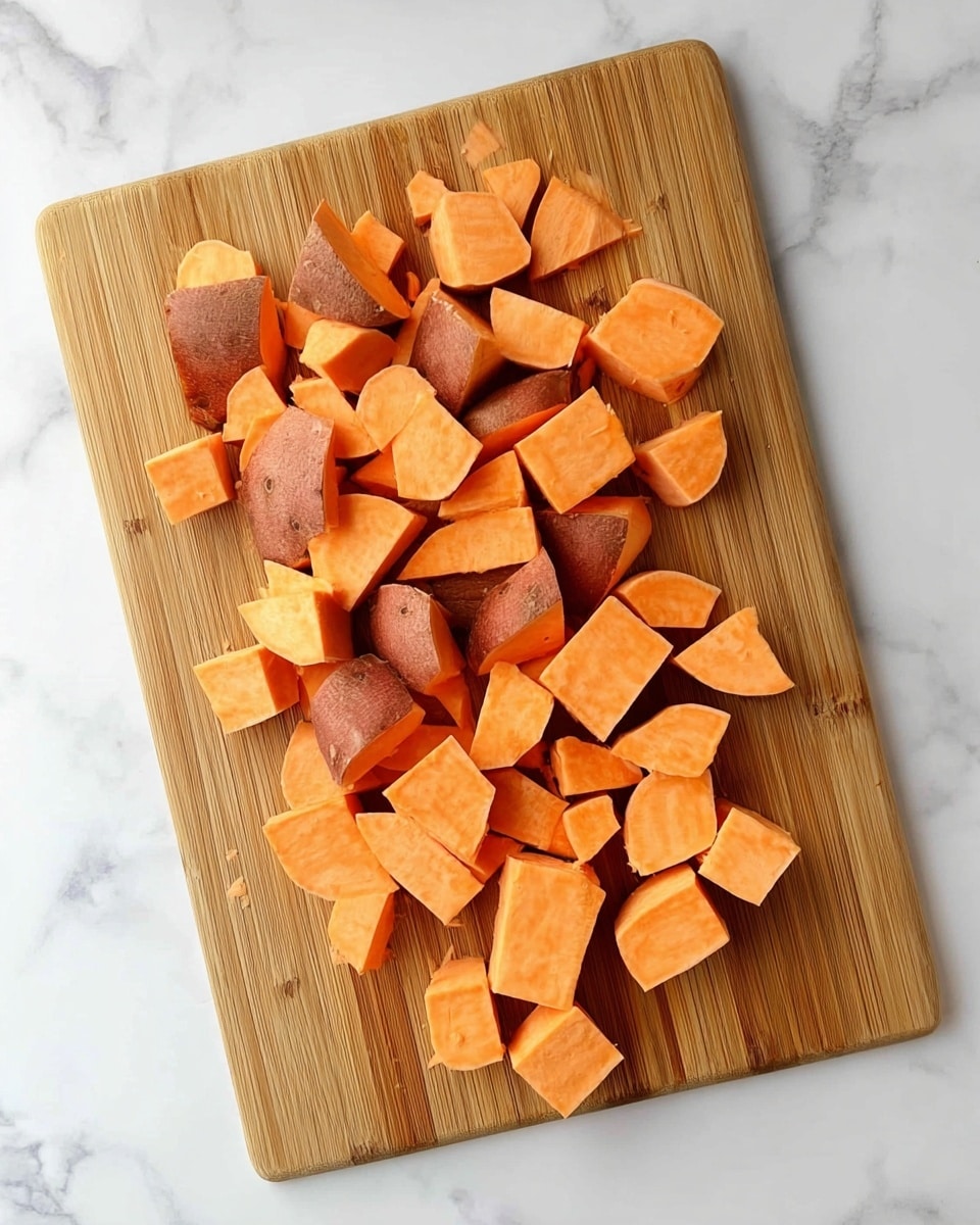 The image shows a wooden cutting board placed on a white marbled surface, filled with multiple pieces of chopped sweet potato. The sweet potato pieces vary in shape and size, some are small cubes while others are larger chunks, all with bright orange flesh and light brown skin. The pieces are scattered unevenly across the board, with no specific arrangement. photo taken with an iphone --ar 4:5 --v 7