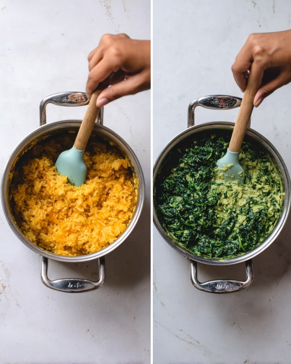The image shows two silver pots on a white marbled surface. The first pot contains a thick layer of yellow-orange cooked rice with a slightly grainy texture, stirred by a woman's hand holding a light blue spatula with a wooden handle, positioned at the top center. The second pot holds a dense layer of cooked green leafy vegetables, finely chopped and slightly wet, stirred by a similar light blue spatula with a wooden handle, held by the same woman's hand, positioned at the top center of the pot. Both pots sit directly on the surface, side by side. Photo taken with an iphone --ar 4:5 --v 7