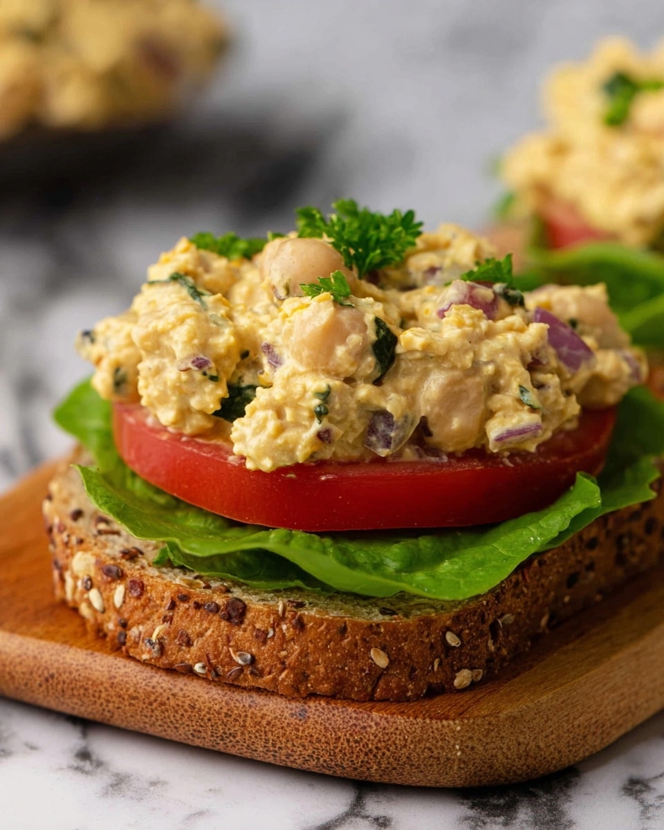 The image shows an open sandwich on a slice of seeded brown bread. The bottom layer is a fresh, green lettuce leaf with a smooth texture. On top of the lettuce, there is a thick, bright red tomato slice. The upper layer is a creamy, chunky chickpea salad mixed with small bits of purple onion and dark green herbs mixed in. The chickpea salad is pale yellow with a slightly rough texture and is garnished with a few small green parsley leaves scattered on top. The sandwich is placed on a wooden board with a white marbled surface in the background. photo taken with an iphone --ar 4:5 --v 7