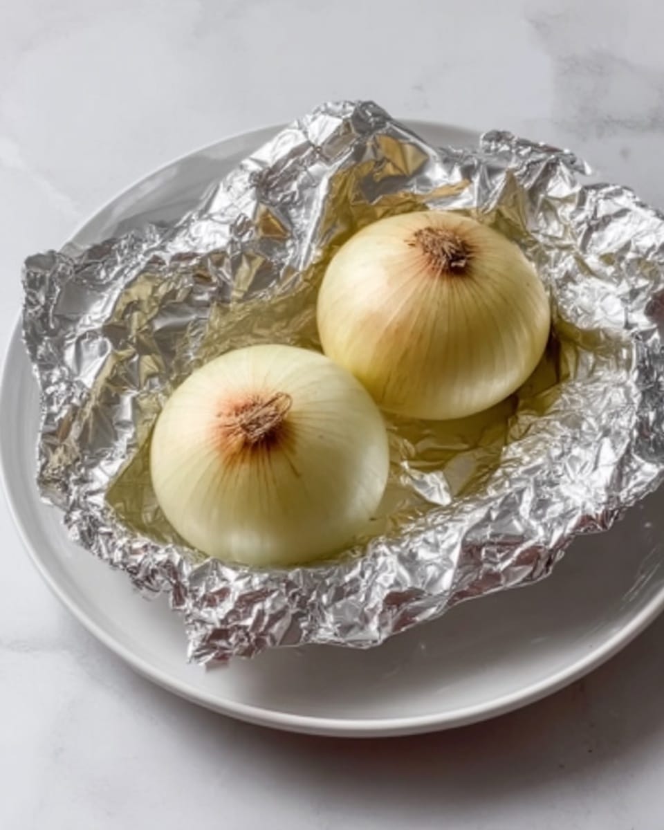 The image shows two whole onions placed upright on a round white plate lined with crumpled aluminum foil. Each onion has its top removed, revealing a hollow center. The onions have light yellow skin and smooth texture, and the foil underneath is shiny and reflective with many crinkles. The plate sits on a white marbled surface. Photo taken with an iphone --ar 4:5 --v 7