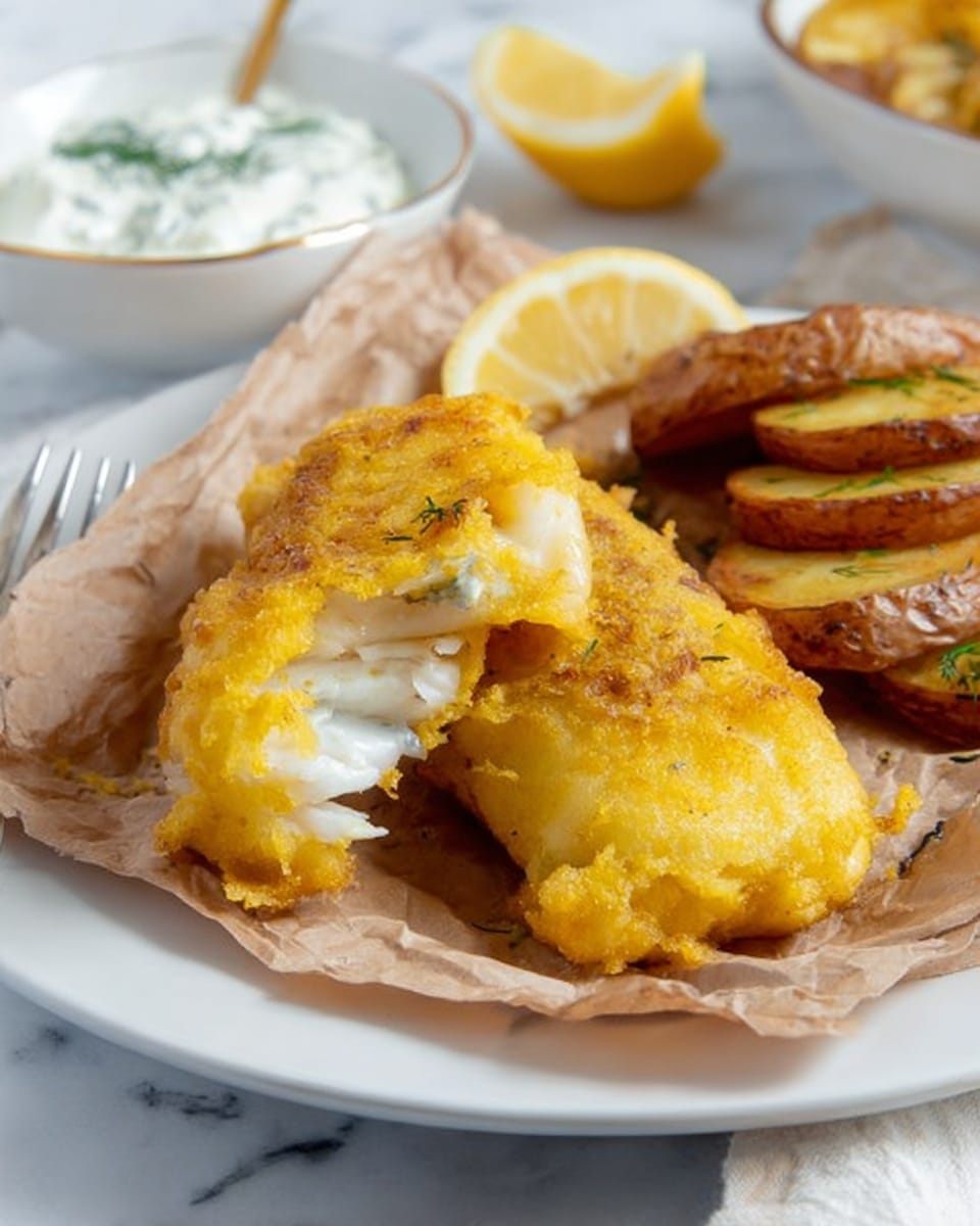 The image shows a white plate with two golden yellow fried pieces of fish placed on crumpled brown paper in the center. The fish is crispy with a textured yellow batter, and one piece is broken to show white flaky inside. Beside the fish, there are round slices of roasted potatoes with browned edges stacked slightly to the right. A slice of lemon is behind the fish on the plate. In the bottom left corner, there is a blurred white bowl containing a creamy white sauce with herbs. A silver fork is resting on the plate near the broken fish piece. The whole setup is on a white marbled surface. Photo taken with an iphone --ar 4:5 --v 7