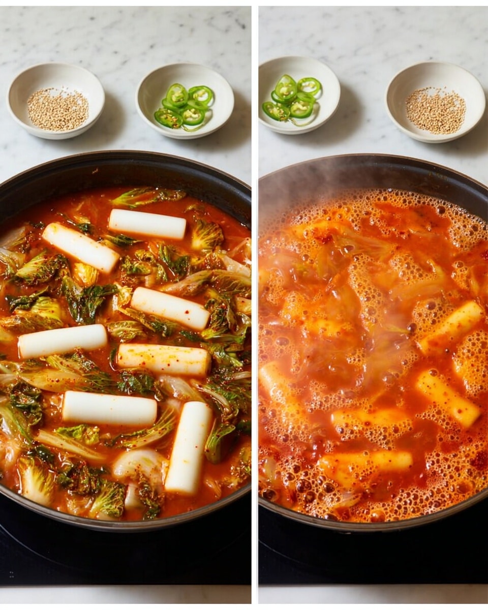 In the left image, a black pan contains a bright red spicy broth with several white, smooth cylindrical rice cakes neatly placed on top, along with green leafy cabbage pieces and small green sliced chili peppers visible under the broth. Two small white bowls on a white marbled surface behind the pan hold sesame seeds and sliced green chili peppers. In the right image, the same pan shows the dish boiling with bubbles and steam rising, the rice cakes partially submerged and softened in the thick red sauce mixed with cabbage and green vegetables, creating an intense red-orange color with texture from the vegetables and rice cakes. Photo taken with an iphone --ar 4:5 --v 7