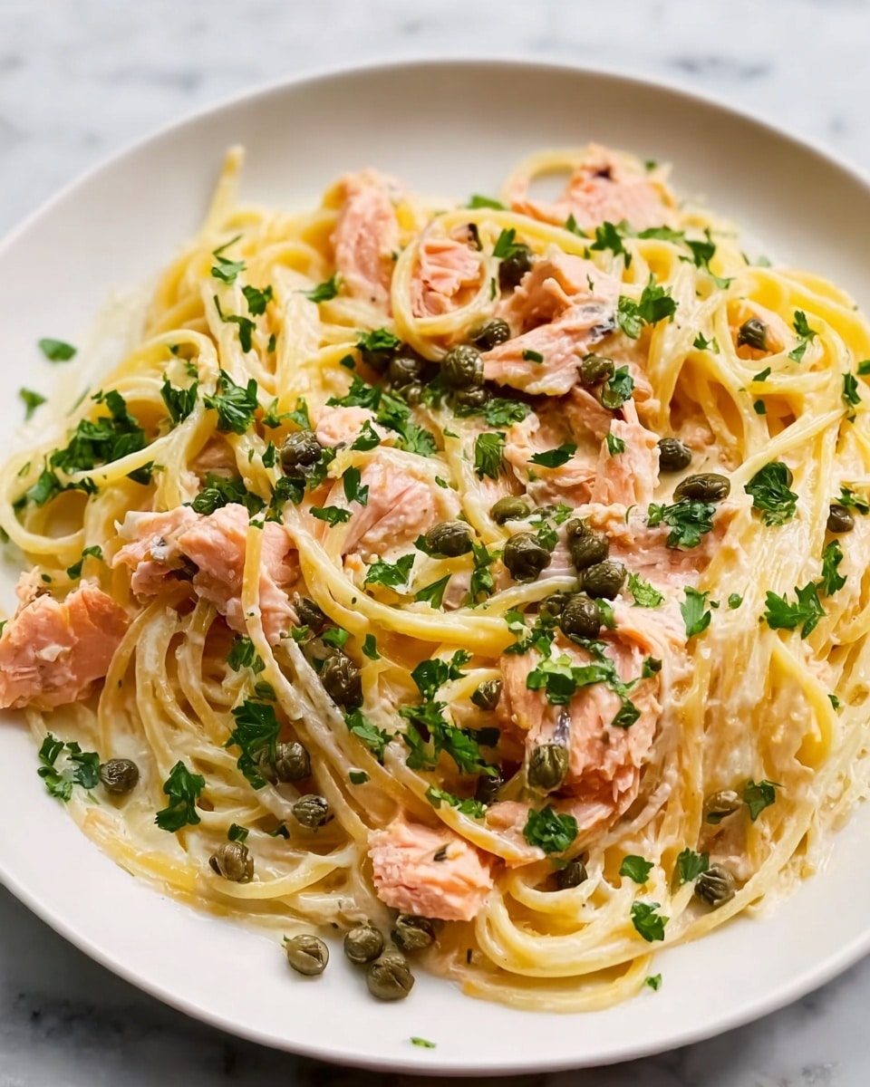 A white plate holds a serving of spaghetti coated in a creamy light yellow sauce. Mixed through the pasta are pieces of soft pink salmon and small dark green capers scattered on top. Bright green chopped parsley is sprinkled over the dish, adding color and freshness. The pasta strands are twisted loosely, with layers of sauce clinging to them, and the salmon pieces are nestled evenly around. The background is a white marbled surface. photo taken with an iphone --ar 4:5 --v 7