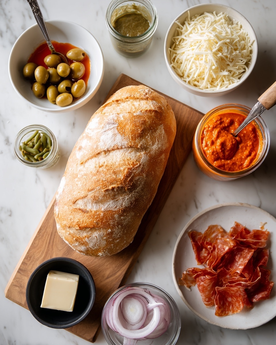 A large loaf of bread with a crusty, golden-brown top is placed on a wooden board. Surrounding it are several bowls and jars: a white bowl filled with shredded white cheese in the top right, an open jar with a bright orange-red sauce and a spoon holding some sauce above it on the left, a small white bowl with sliced green olives next to the jar, and a small clear jar with a green sauce above the olives. Below the board, there is a small black bowl with sliced green bell peppers and thin rings of red onion, a small white bowl with a square of butter, and a white bowl filled with thin strips of reddish-orange cured meat. The scene is set on a white marbled surface. photo taken with an iphone --ar 4:5 --v 7