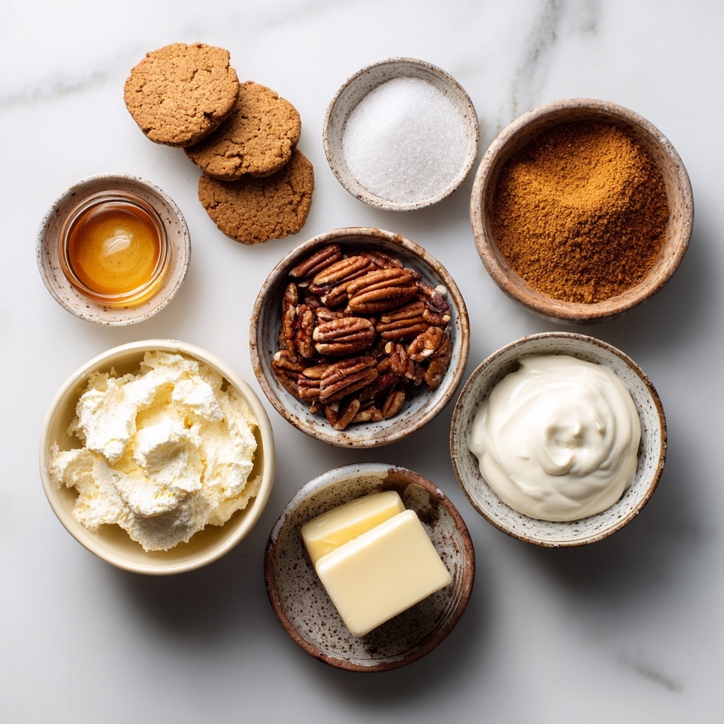 A close-up image of a small tart being held by a woman's hand, showing three distinct layers: a crumbly light brown crust at the bottom, a thick creamy beige cheesecake-like middle layer, and a top layer of shiny caramel sauce with chunky mixed nuts, including pecans, visibly coated in the caramel. More similar tarts, all round and placed on a dark surface, are blurred in the background. The lighting highlights the glossy texture of the caramel dripping slightly over the sides of the tart. Photo taken with an iphone --ar 4:5 --v 7