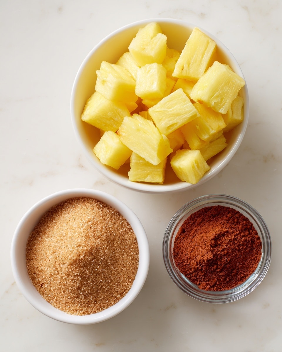 A top-down view shows three white bowls on a white marbled surface, each holding a different ingredient. The largest bowl at the top right is filled with bright yellow, cubed fresh pineapple pieces that have a juicy, slightly rough texture. Below it to the left is a medium white bowl full of light brown sugar with a grainy, soft texture, heaped neatly. At the bottom right is a small clear glass bowl containing a mound of reddish-brown ground cinnamon powder, smooth and finely textured. The composition is clean and simple, emphasizing the natural colors and textures of each ingredient. photo taken with an iphone --ar 4:5 --v 7