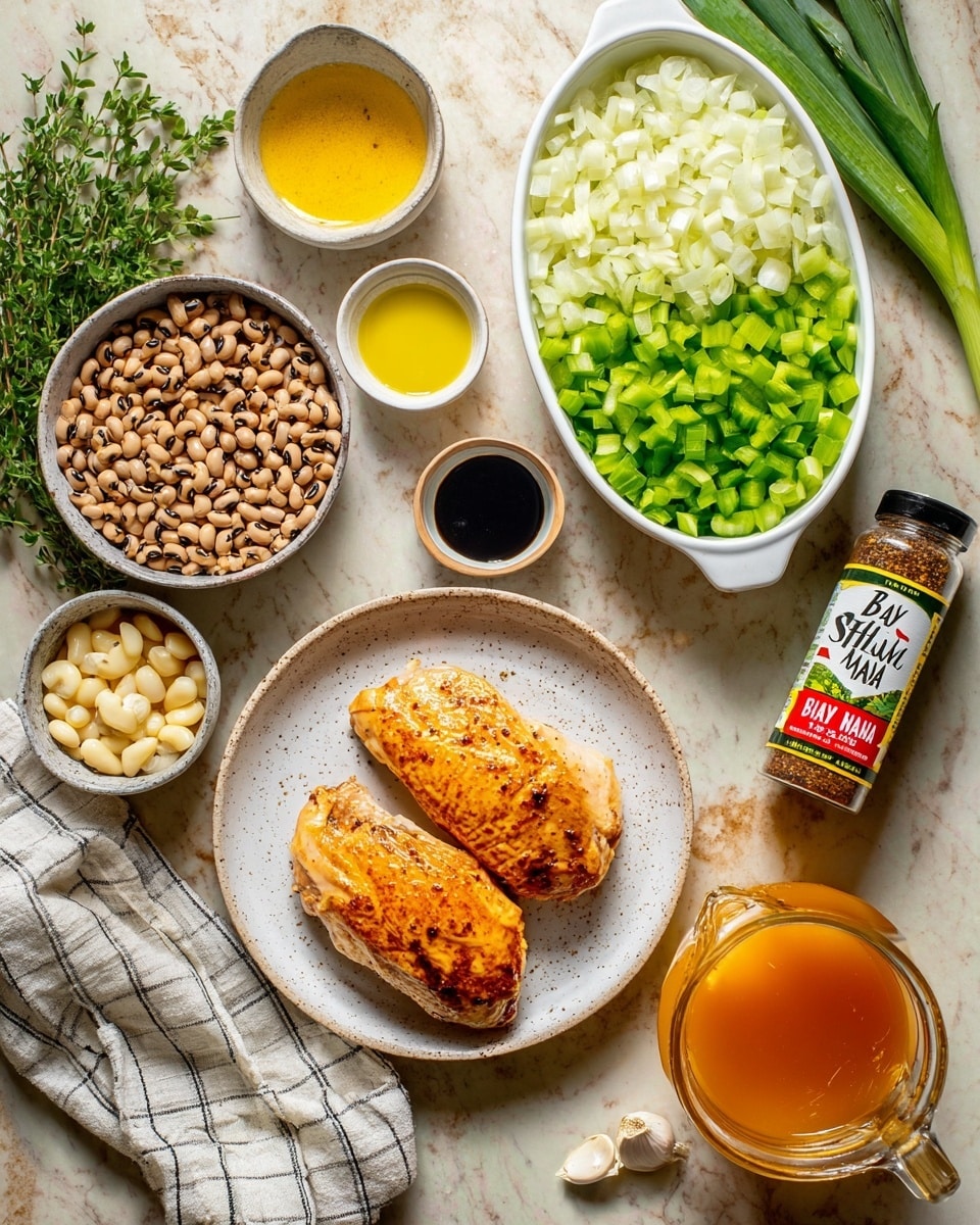The image shows a top view of ingredients arranged on a white marbled surface. In the center left, there is a white speckled plate with two golden-brown cooked chicken pieces stacked side by side. Above it to the right, an oval white speckled dish holds three chopped layers: white onions at the top, bright green bell peppers in the middle, and celery pieces at the bottom. To the left of this dish, there is a round white speckled bowl filled with black-eyed peas. Surrounding these main dishes are small white bowls with yellow oil, whole peeled garlic cloves, and dark soy sauce. There is also a glass measuring cup half filled with orange broth to the right, a small jar labeled
