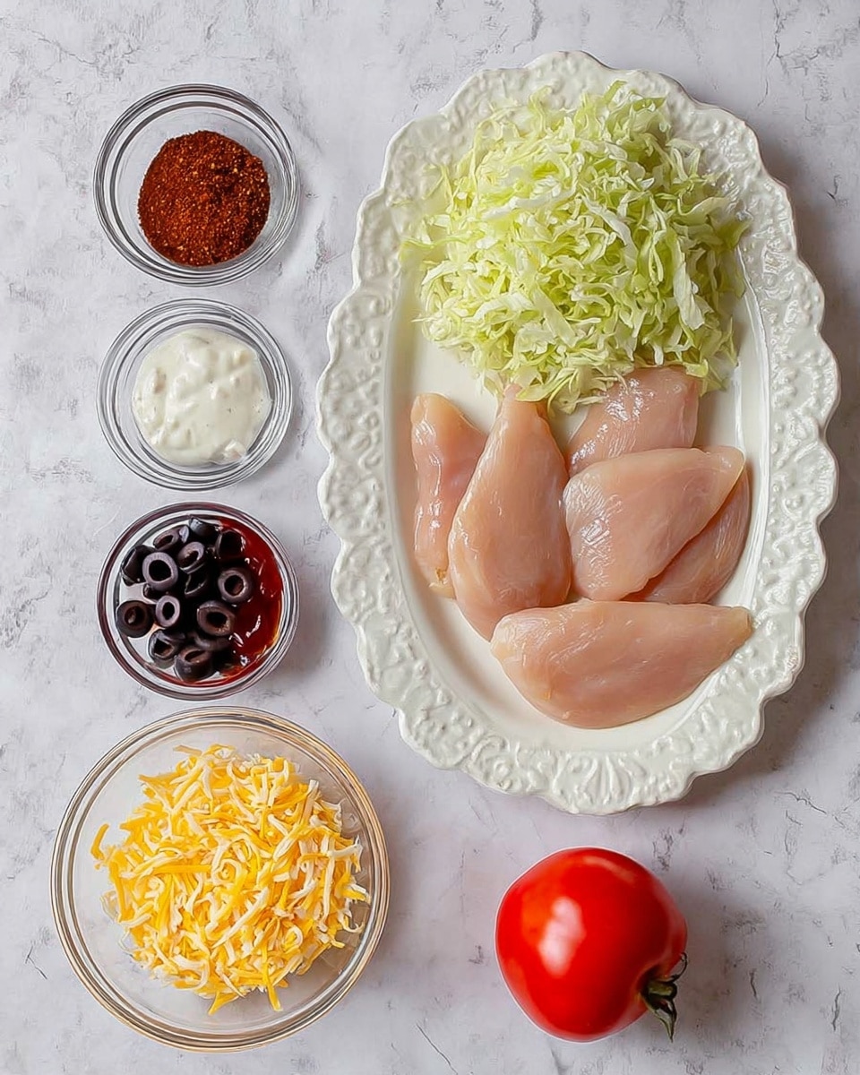 The image shows four raw pale chicken fillets neatly laid out on a large white plate with scalloped edges, positioned in the top right corner. Below and to the left of the plate, shredded light green lettuce is piled on another white plate with matching scalloped edges. To the left and above the shredded lettuce, three small clear glass bowls contain a dark brown spice mix, thick white sauce, and a deep red sauce, arranged vertically. To the right of these, a small glass bowl filled with black sliced olives sits next to a larger clear bowl overflowing with bright yellow shredded cheese. At the bottom right corner rests one whole fresh red tomato. All items sit atop a white marbled textured surface. photo taken with an iphone --ar 4:5 --v 7