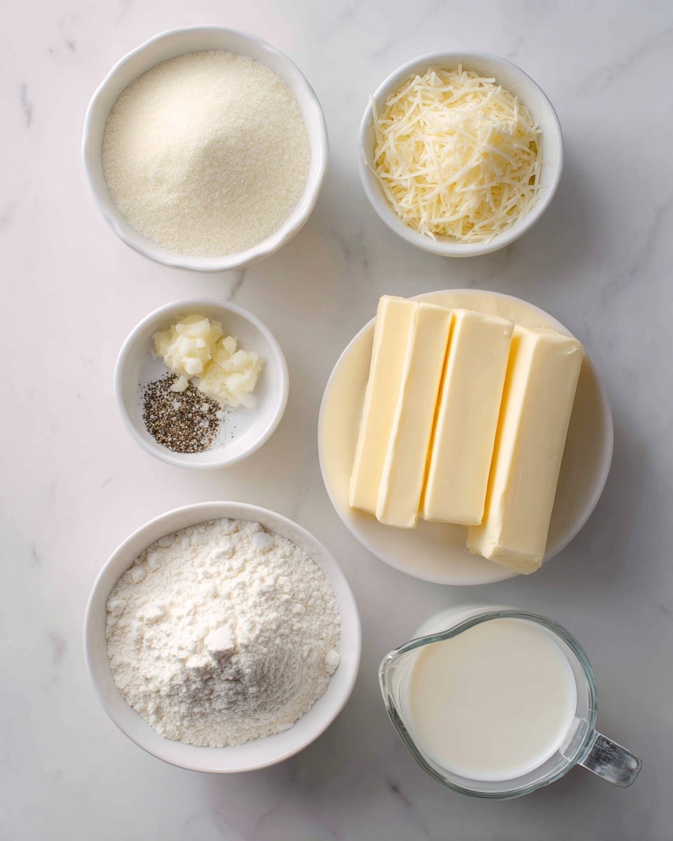 The image shows six small white bowls and a clear white measuring cup arranged neatly on a white marbled surface. The bowls contain different ingredients: one bowl is filled with white flour that has a smooth texture and is slightly heaped; another bowl holds grated pale yellow Parmesan cheese with a fine shred texture; a small bowl has minced garlic with a slightly wet and chunky look; a small bowl contains black pepper and white salt mixed together with a coarse texture; a larger bowl contains several rectangular blocks of pale yellow butter stacked on top of each other with a soft smooth texture; lastly, the clear white measuring cup is filled with white heavy cream, smooth and liquid. Each item is spaced so that all labels are clearly visible. photo taken with an iphone --ar 4:5 --v 7