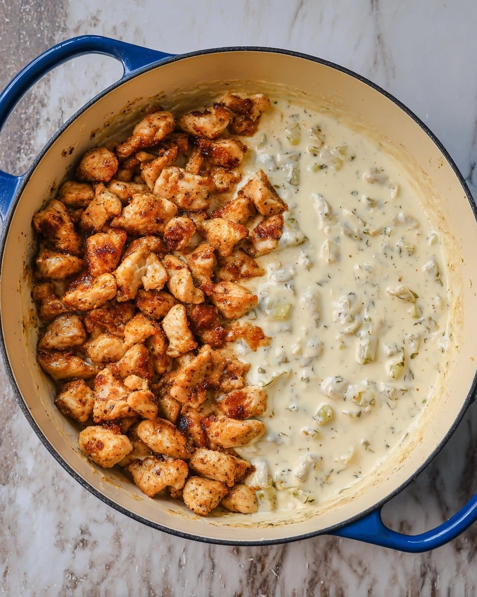 A white pan with blue handles contains two main layers: the left side shows browned small chicken pieces, golden brown with a slight crispy look, and the right side has a creamy, thick white sauce with soft green and black herb bits mixed in. The sauce covers the bottom and blends slightly with the chicken edges. The pan sits on a white marbled surface. Photo taken with an iphone --ar 4:5 --v 7
