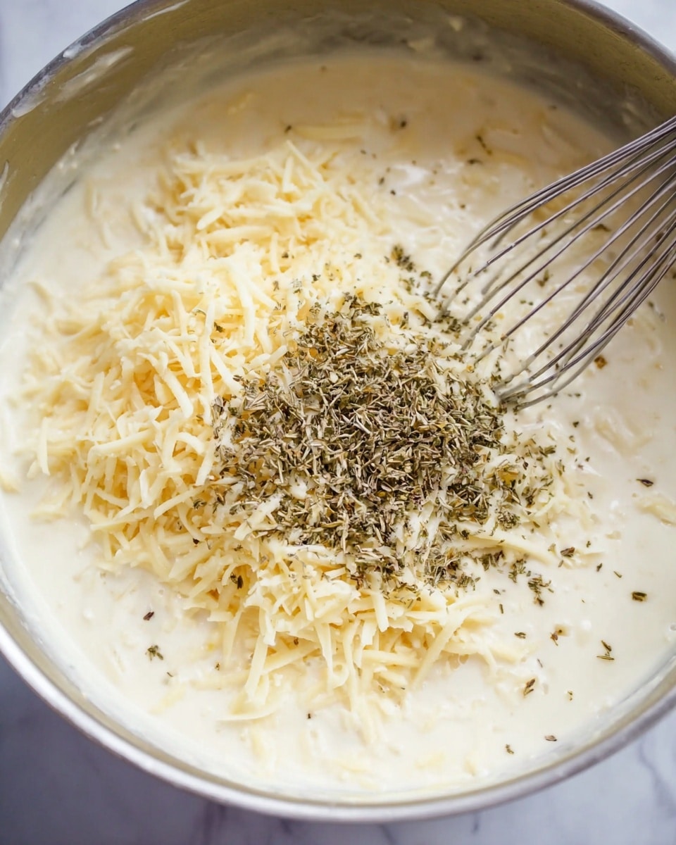 A close-up view of a pot filled with creamy white sauce as the base layer, with shredded pale yellow cheese piled slightly off-center on top. A heap of mixed dry green and brown herbs is sprinkled over the cheese. A metal whisk with thin wires is partially immersed in the sauce near the cheese, suggesting mixing. The pot rests on a white marbled surface, and the overall texture shows creamy smoothness with bits of cheese starting to melt into the sauce. photo taken with an iphone --ar 4:5 --v 7