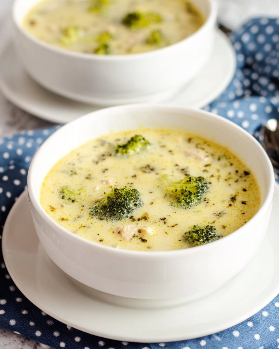 A close-up of a spoon holding a creamy white soup with visible black pepper specks, small pieces of light beige chicken, diced white onions, and bright green broccoli florets. The soup in the pot below shows a creamy texture with similar ingredients mixed throughout. In the background, a metal whisk is partially visible resting inside the pot, and the entire scene sits on a white marbled texture surface. photo taken with an iphone --ar 4:5 --v 7