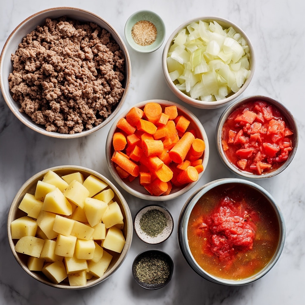 A close-up view of a round black pot filled with a thick stew showing three main layers: at the bottom, a rich brown liquid broth with some oil glistening, above it chunks of light yellow potatoes and orange carrots cut into medium squares, and green peas scattered evenly throughout. Ground meat pieces with a coarse texture appear throughout the stew in dark brown, and some finely chopped onions add a slightly translucent pale layer. A wooden spoon dips into the stew from the right side, lifting a mix of potatoes, carrots, peas, and minced meat, and small green herbs are sprinkled on top for garnish. The scene rests on a white marbled surface, and soft steam rises from the stew. photo taken with an iphone --ar 4:5 --v 7
