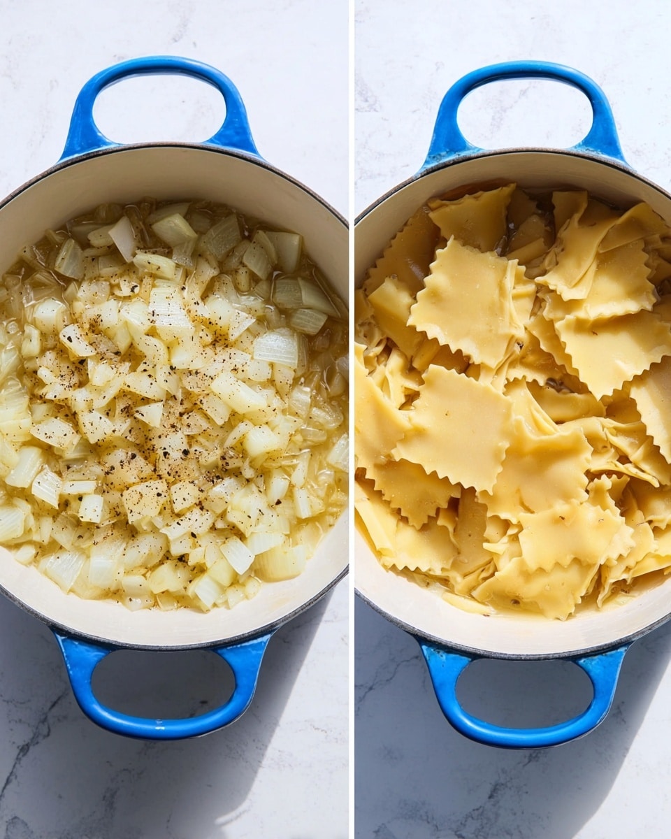 The image shows two white pots with blue handles placed on a white marbled surface. The left pot contains one layer of small, cooked diced onions that are lightly golden and soft, with visible black pepper specks. The right pot holds two layers: the bottom layer has diced onions similar to the left pot, and the top layer features large, flat, wavy-edged pasta sheets that are a pale yellow color, partially submerged in a light broth. The scene is bright and clear, with a focus on the cooking process. photo taken with an iphone --ar 4:5 --v 7