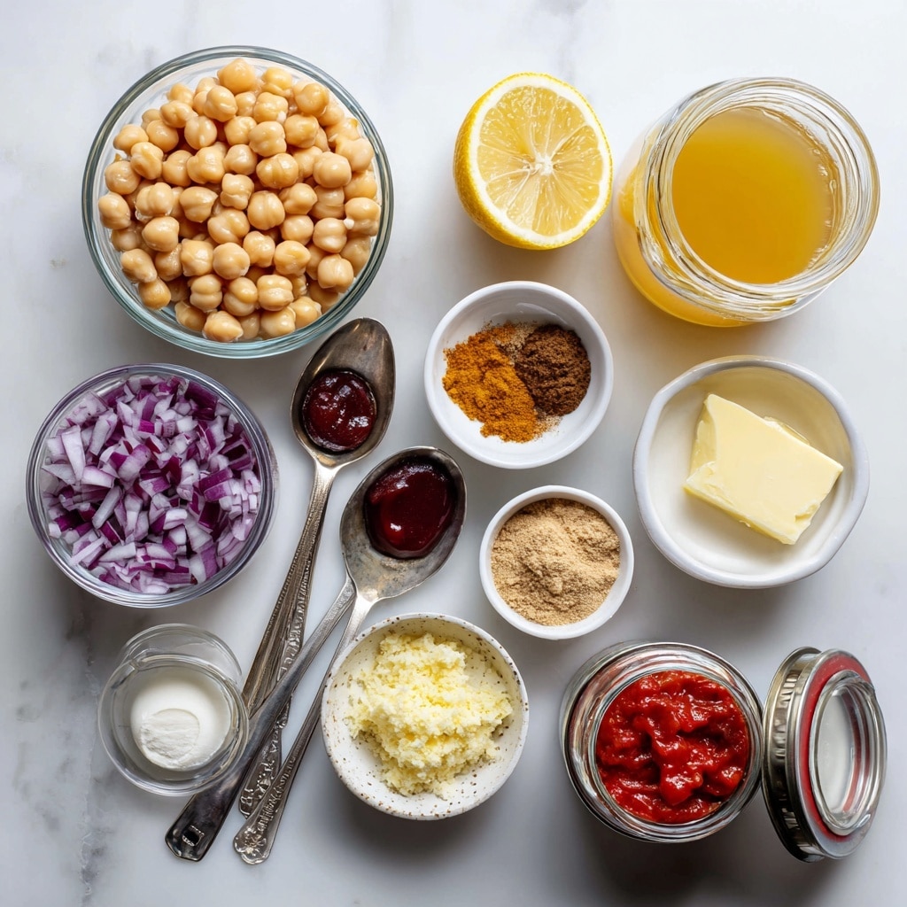 The image shows multiple ingredients arranged on a white marbled surface. There is a clear glass jar filled with light beige chickpeas placed near the center. To its right, a transparent container holds yellowish veg stock. Below the stock is a halved lemon with a bright yellow inside. A small white bowl contains finely minced garlic and ginger mixed together. Next to it, there is a spoon of pale yellow butter. A small white bowl filled with brown spices sits close by. To the left, a white bowl is full of finely chopped red onion with deep purple and white pieces. Three measuring spoons are scattered: one with dark red tomato paste, another with off-white heavy cream, and the third with brown sugar. In the bottom right corner, an open can reveals bright red crushed tomatoes. The whole setup is neat and clearly labeled. Photo taken with an iphone --ar 4:5 --v 7