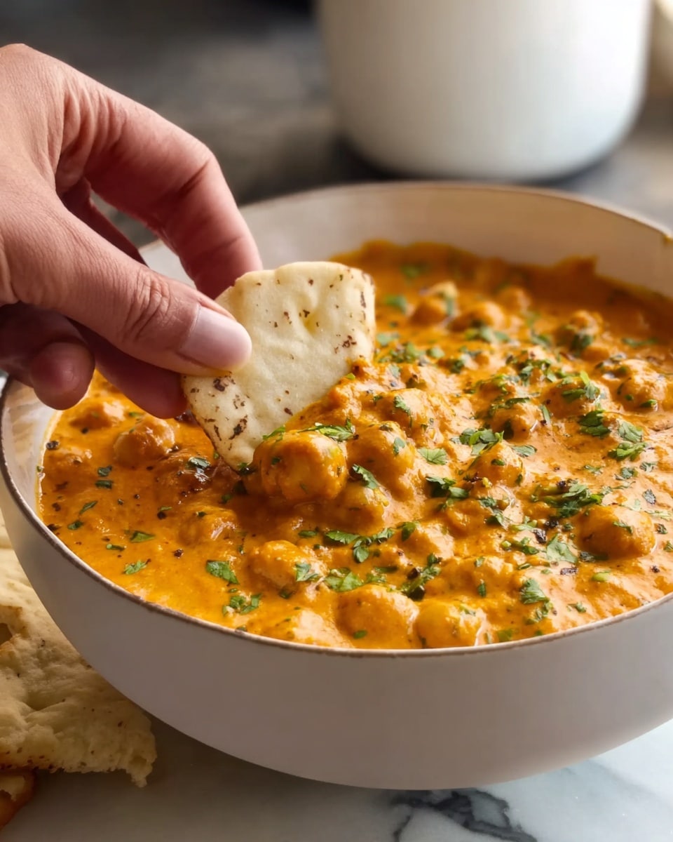A close-up image shows a white bowl filled with a thick, creamy orange curry with chickpeas mixed throughout. The top layer has small green herb pieces sprinkled on it, and a woman's hand is holding a piece of light beige flatbread, dipping it into the curry. The background features a white marbled surface with a blurred white container. photo taken with an iphone --ar 4:5 --v 7