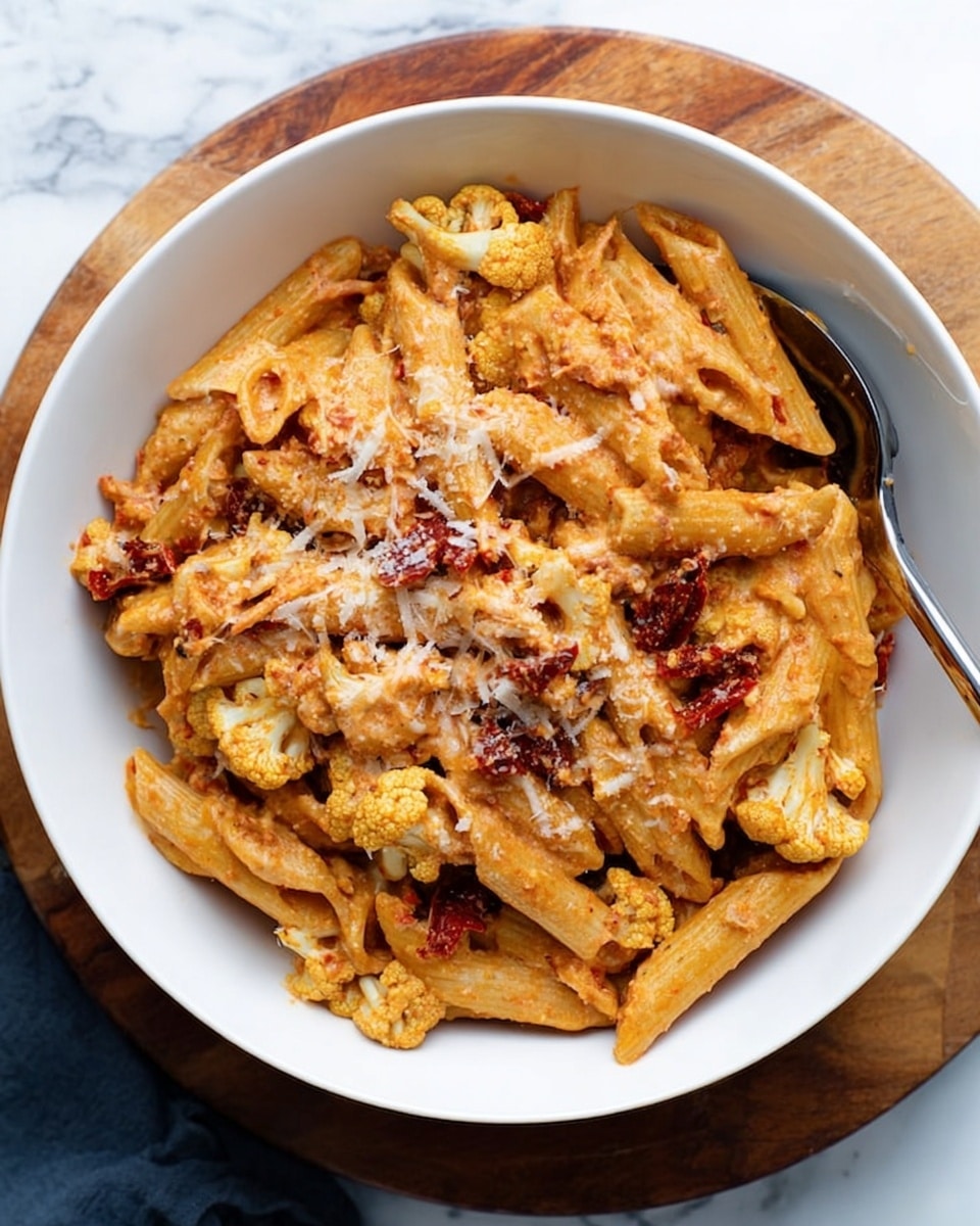 A white bowl filled with creamy penne pasta mixed with small pieces of roasted cauliflower and chunks of sun-dried tomatoes. The pasta is coated in a light orange sauce with a slightly thick texture, and the dish is topped with a sprinkle of grated cheese. The bowl sits on a wooden board placed over a white marbled surface, with a spoon resting inside the bowl. photo taken with an iphone --ar 4:5 --v 7