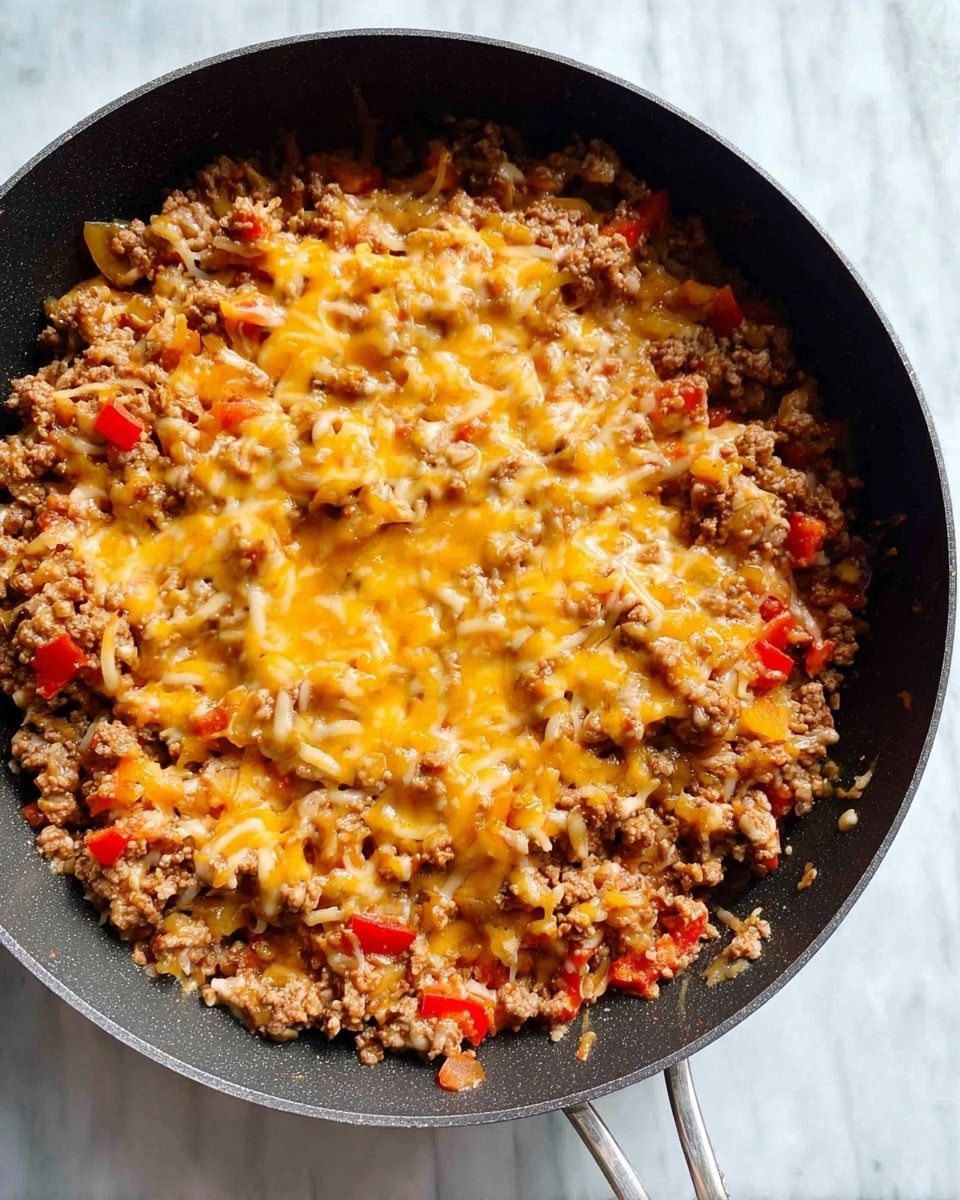 The image shows a black pan filled with a layer of cooked ground meat mixed with small pieces of red bell pepper. On top of this, there is a thick layer of melted cheese, yellow and slightly browned in parts. The textures show a mix of soft melted cheese and crumbled meat, giving a warm and hearty look. The pan is placed on a white marbled surface, and the metal handle of the pan is visible at the top right. photo taken with an iphone --ar 4:5 --v 7