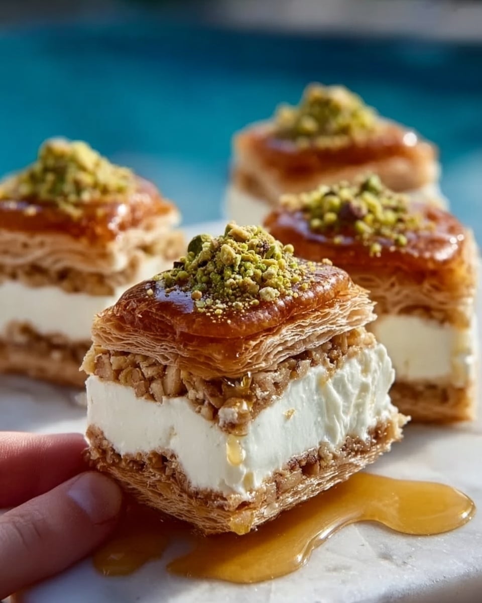 The image shows two small sandwich cookies on a white plate sitting on a white marbled surface. Each cookie has three layers: the top and bottom layers are round, golden-brown, and textured with finely crushed nuts on top, with the top piece decorated with pecans and pistachio bits. The middle layer is thick and creamy, light yellow in color, and looks smooth and soft. The background is softly blurred with green leaves and a warm light, making the cookies stand out clearly. Photo taken with an iphone --ar 4:5 --v 7