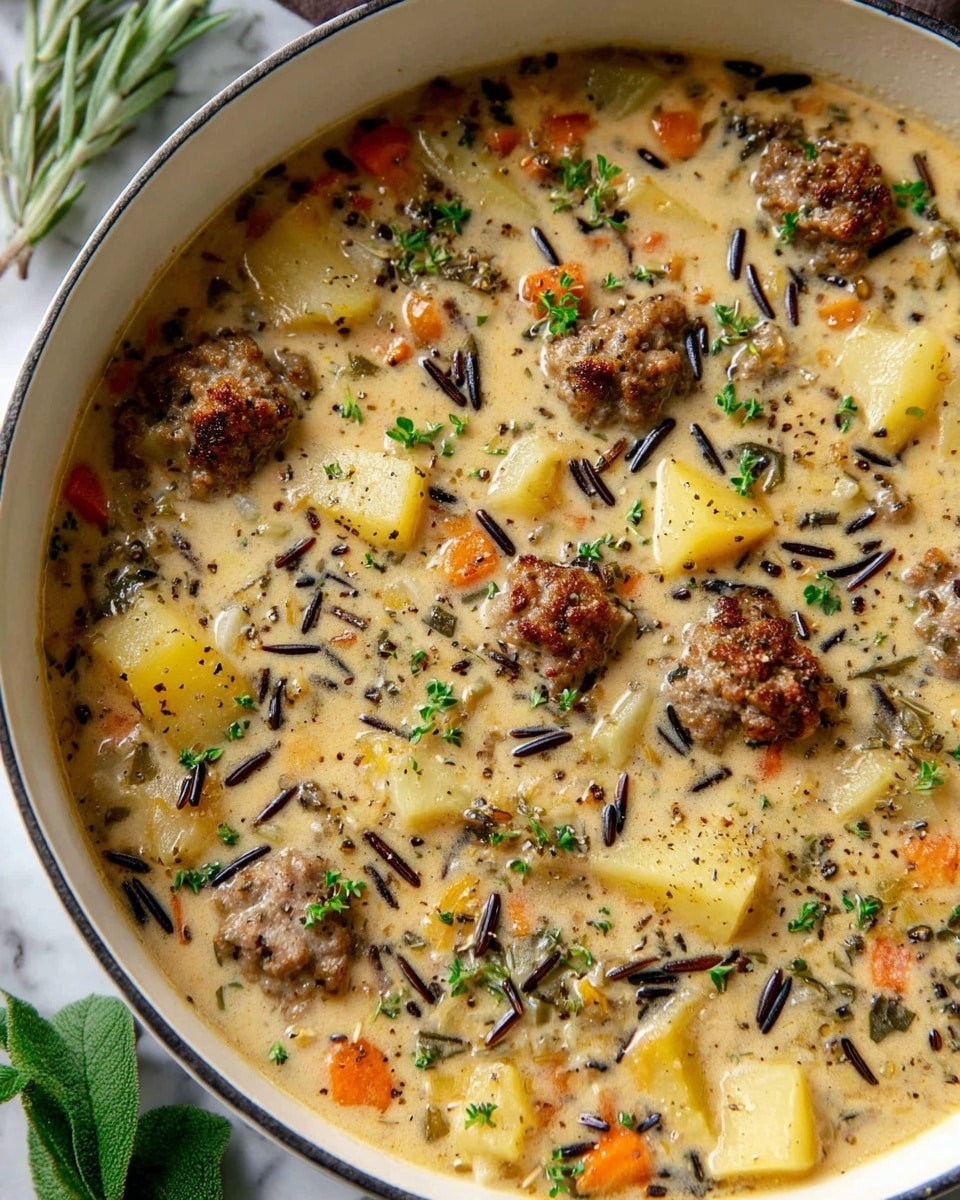 This image shows a white pot filled with a creamy beige soup that has many chunks of different ingredients. The soup includes browned sausage pieces with a rough texture, soft yellow potato chunks, and small diced orange carrots spread evenly throughout. There are also thin, dark grains of wild rice floating on top, and the whole dish is sprinkled with tiny green herbs and coarse black pepper. The pot sits on a white marbled surface with some green leaves and herbs in the background. photo taken with an iphone --ar 4:5 --v 7
