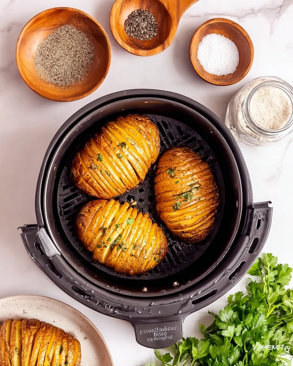 The image shows three golden brown hasselback potatoes with thin, even slices all over, placed inside a black air fryer basket with visible grill lines at the bottom. Around the basket are four bowls: two wooden bowls with spoons, one filled with black pepper and the other with white salt, and a clear glass jar labeled garlic powder on the right side. At the bottom right, there is a small bunch of fresh green parsley with bright leaves. One hasselback potato is also on a white plate in the bottom left corner. The background is a white marbled surface. Photo taken with an iphone --ar 4:5 --v 7