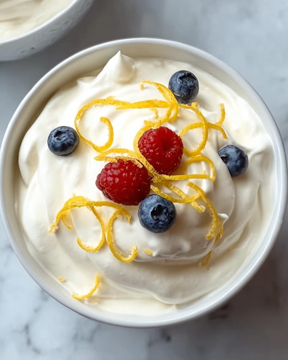 The image shows a white bowl filled with a smooth, creamy white whipped dessert that has soft peaks on top. There are small blueberries and red raspberries placed near the center atop the whipped cream. Thin, curly strands of bright yellow citrus peel decorate the top, adding texture and contrast. The bowl sits on a white marbled surface. Photo taken with an iphone --ar 4:5 --v 7