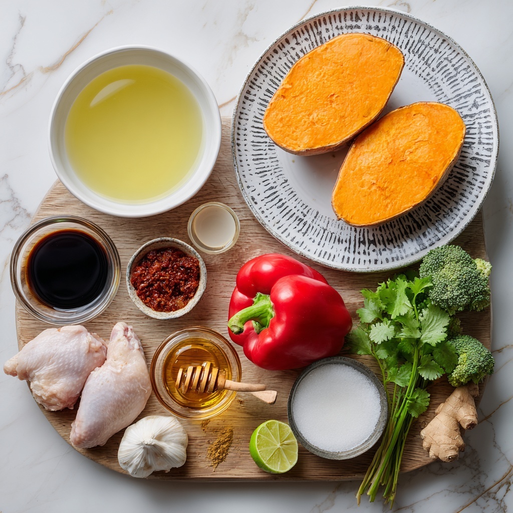 The image shows ingredients arranged neatly on a white marbled surface. There are two raw chicken pieces placed inside a white bowl on the left side. Above the bowl is a clear glass with light yellow broth. To the right, two large pieces of bright orange sweet potato rest on a white plate with a gray pattern, placed on a wooden board. Below that, a whole red bell pepper and a halved red bell pepper are positioned on the board next to some fresh green cilantro. A spoon with dark reddish-brown curry paste sits near the peppers. Small piles of dried ginger powder and a lime cut in half are on the board’s lower right. Nearby are a bowl of white coconut milk, a small container with dark soy sauce, two peeled garlic cloves, a small dish of golden honey with a wooden dipper, and two green broccoli florets at the bottom. The spoon and items are carefully set to show all ingredients clearly. Photo taken with an iphone --ar 4:5 --v 7