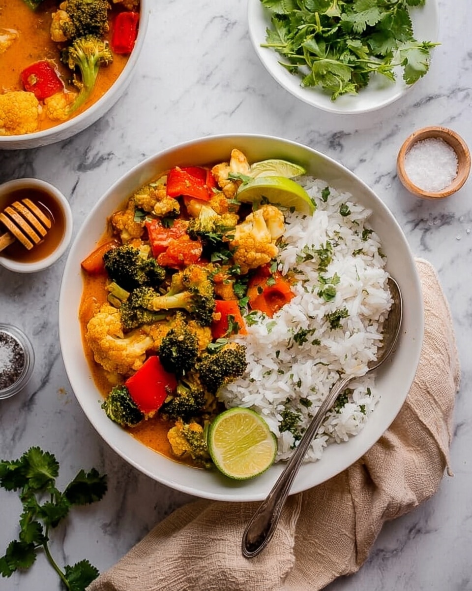 The image shows a white bowl filled with two main layers: on the right side, a layer of white rice with small green herb pieces mixed in, and on the left side, a colorful vegetable curry containing pieces of green broccoli, red bell peppers, and light brown cauliflower, all coated in an orange curry sauce. A wedge of lime rests on the rice near the vegetable curry, and a silver spoon is placed on the right edge of the bowl. The bowl is set on a white marbled surface with a beige cloth napkin partially visible under the bowl. Around the main bowl are other items: a smaller white bowl with honey and a wooden honey dipper, a chunk of lime, a small salt shaker, a small white plate with fresh green cilantro, and a second white bowl containing more of the same vegetable curry. The photo taken with an iphone --ar 4:5 --v 7