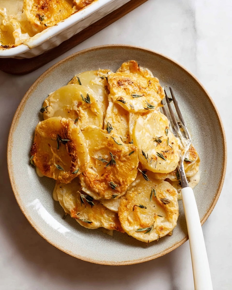 A round, light gray ceramic plate holds a serving of scalloped potatoes arranged in two overlapping layers. The bottom layer shows round, pale yellow potato slices with soft edges, partially covered by a second layer of golden-brown baked cheese and creamy sauce that binds the potatoes together with small green herb leaves scattered on top. The textures vary from smooth sauce to slightly crisp cheese on the upper edges. A silver fork with a white handle rests on the right side of the plate. The plate sits on a white marbled surface, and the corner of a white rectangular baking dish with more of the dish inside is visible at the top. Photo taken with an iphone --ar 4:5 --v 7